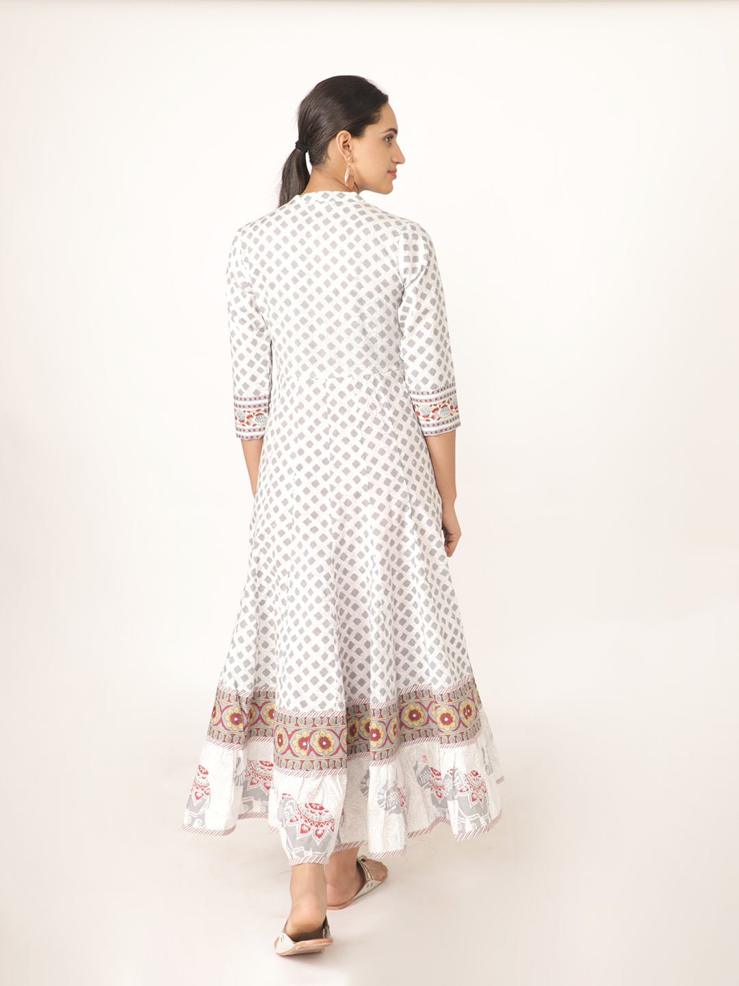 White Hand Block Bagru Printed Cotton Anarkali Kurta With Hand Emb On Yoke
