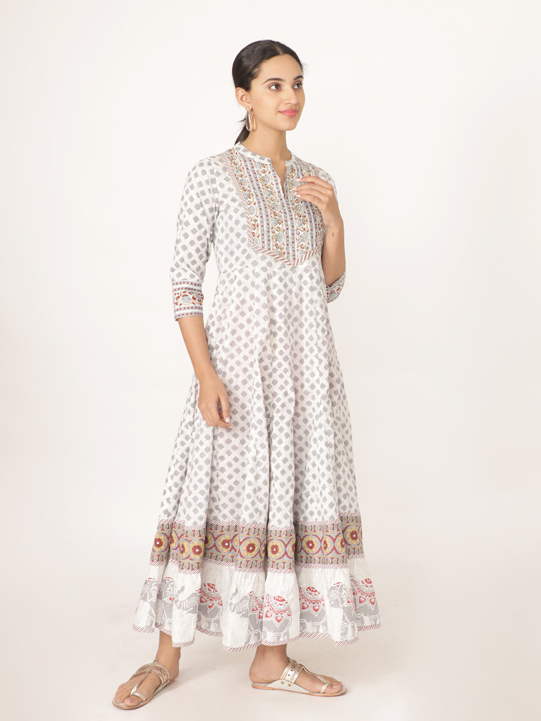 White Hand Block Bagru Printed Cotton Anarkali Kurta With Hand Emb On Yoke