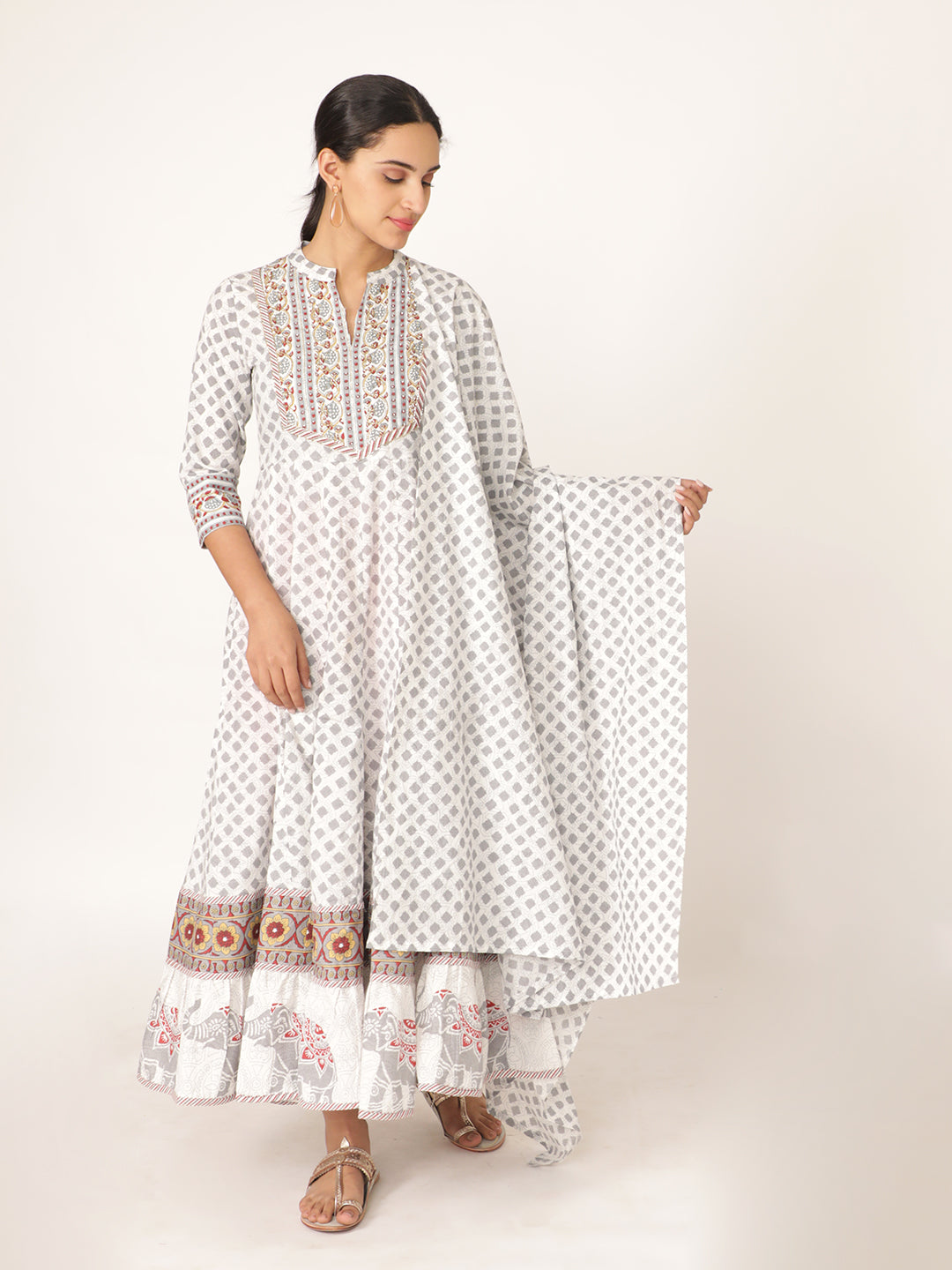 White Hand Block Bagru Printed Cotton Anarkali Kurta With Hand Emb On Yoke