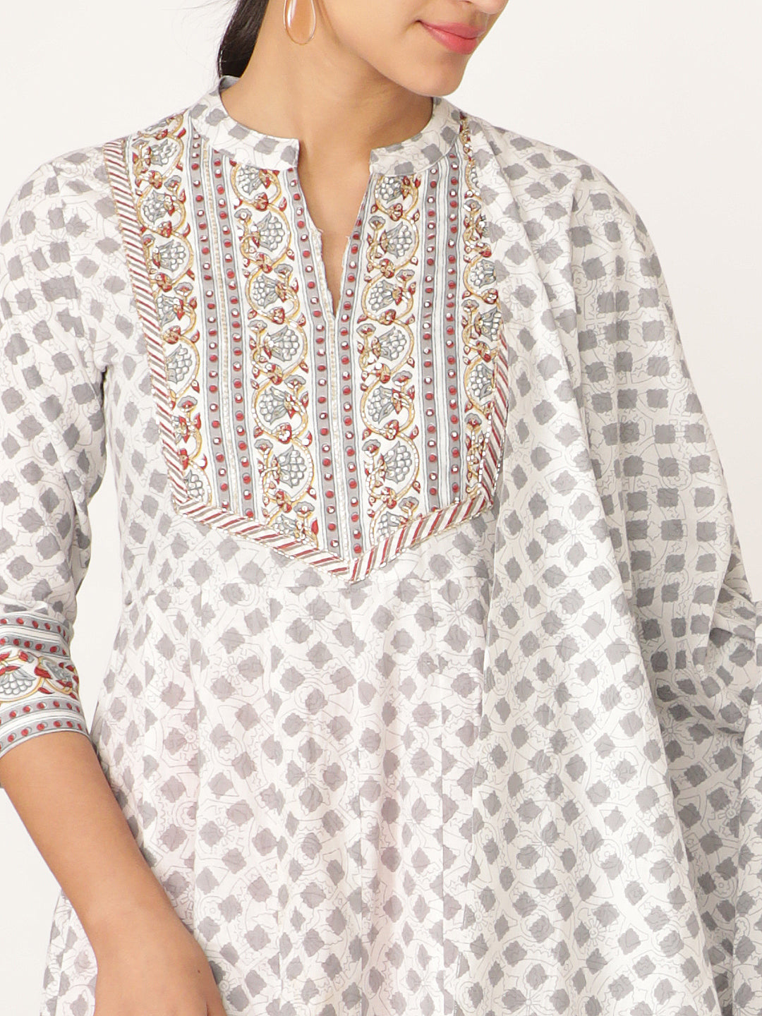 White Hand Block Bagru Printed Cotton Anarkali Kurta With Hand Emb On Yoke
