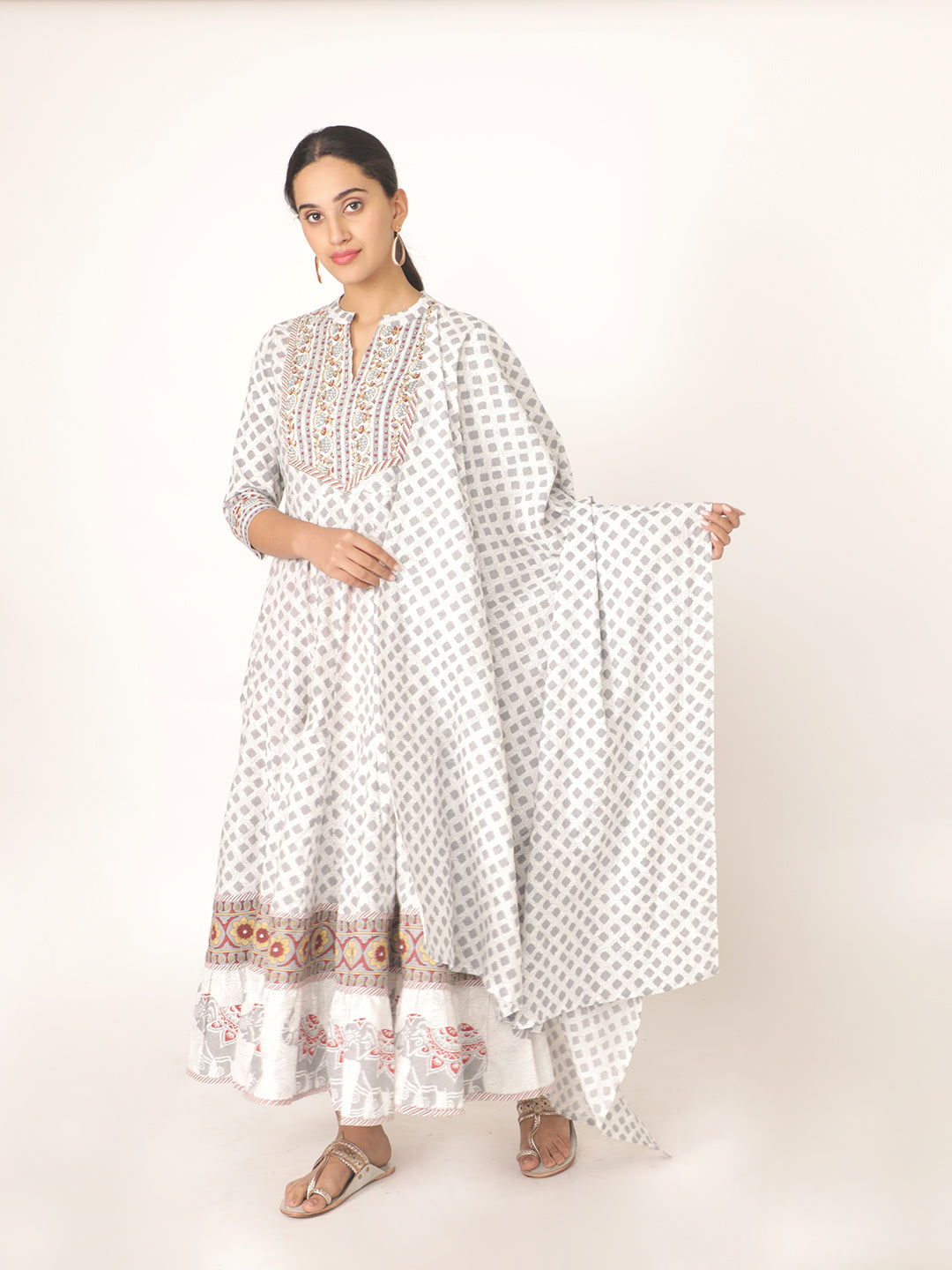 White Hand Block Bagru Printed Cotton Anarkali Kurta With Hand Emb On Yoke