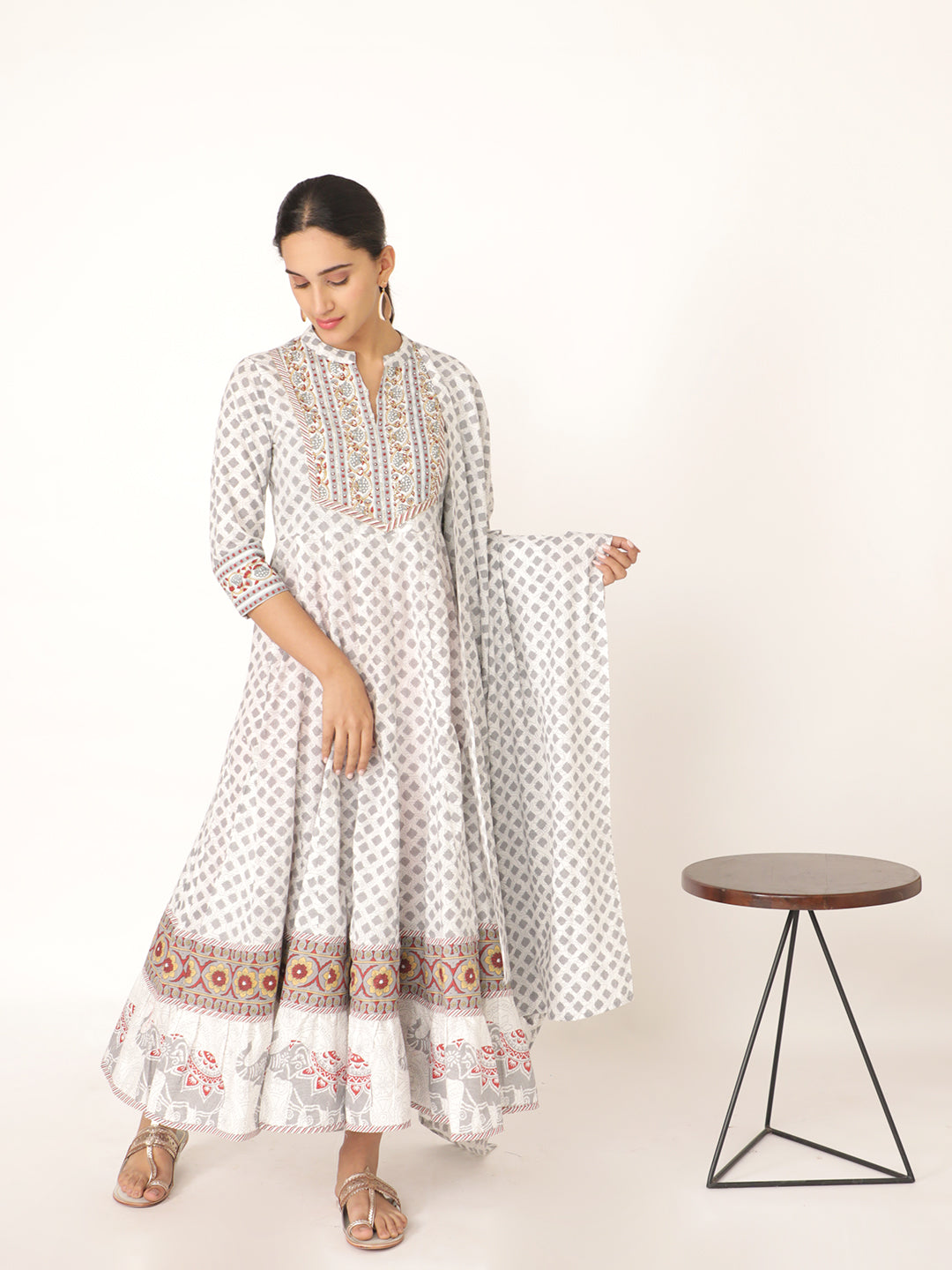White Hand Block Bagru Printed Cotton Anarkali Kurta With Hand Emb On Yoke