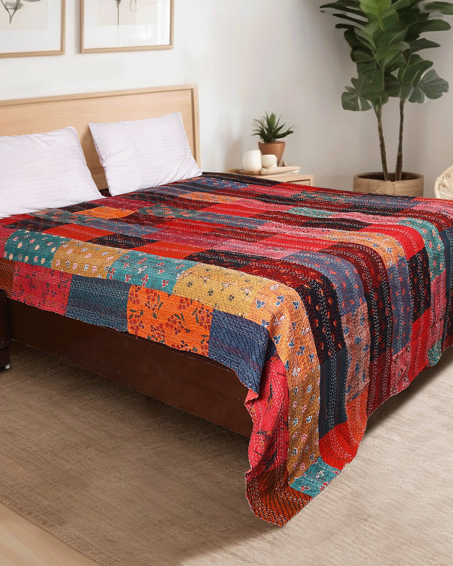Red Hand Block Patchwork Printed Double Bed Dohar/Bed Cover
