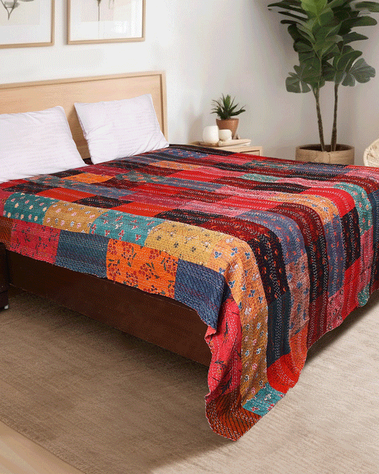 Red Hand Block Patchwork Printed Double Bed Dohar/Bed Cover
