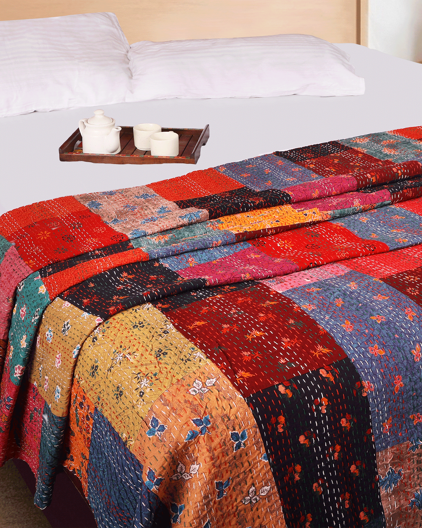 Red Hand Block Patchwork Printed Double Bed Dohar/Bed Cover