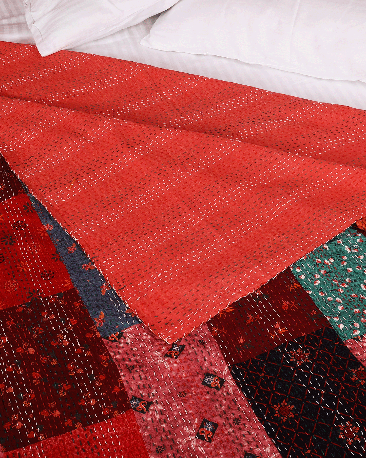 Red Hand Block Patchwork Printed Double Bed Dohar/Bed Cover