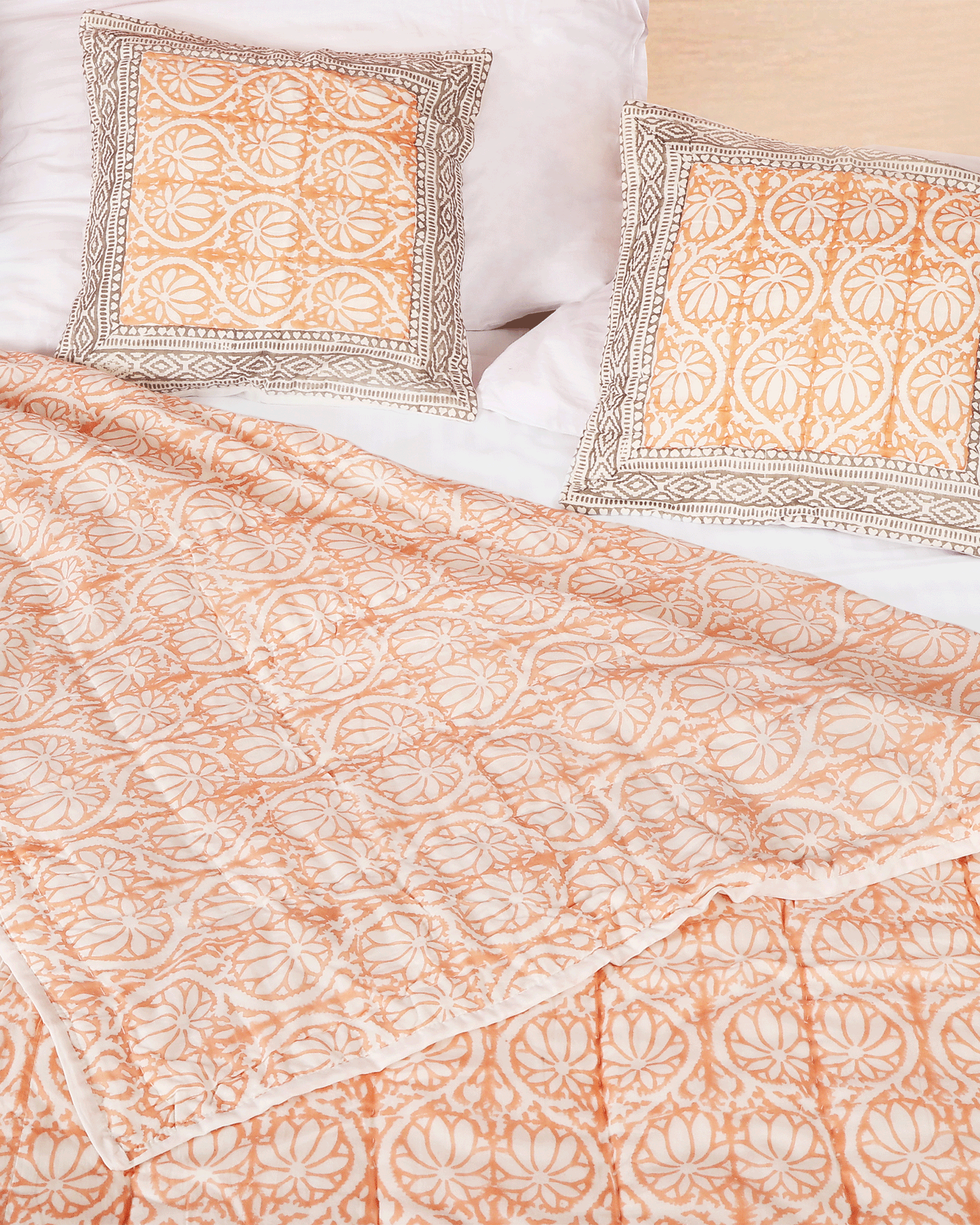 Orange Hand Block Printed Reversible Double Bed Hand Quilting Quilt Set