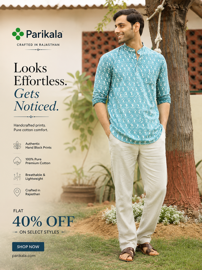 Handblock Printed Mens Cotton Short Kurta Style Shirt  (Blue)