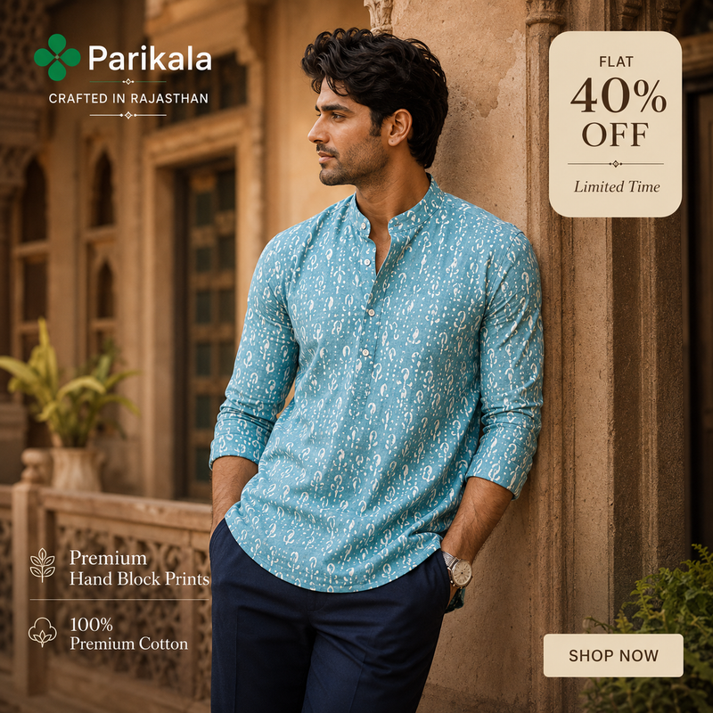 Handblock Printed Mens Cotton Short Kurta Style Shirt  (Blue)