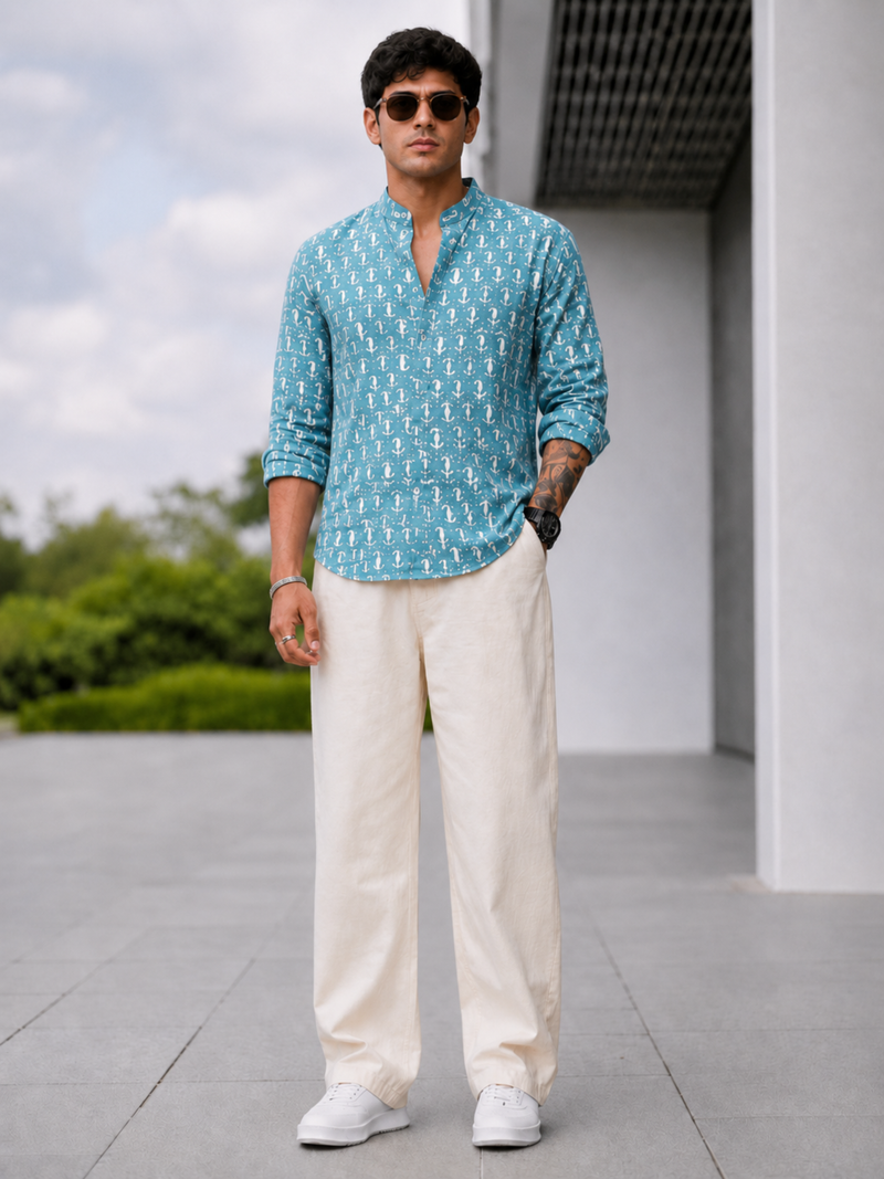 Handblock Printed Mens Cotton Short Kurta Style Shirt  (Blue)
