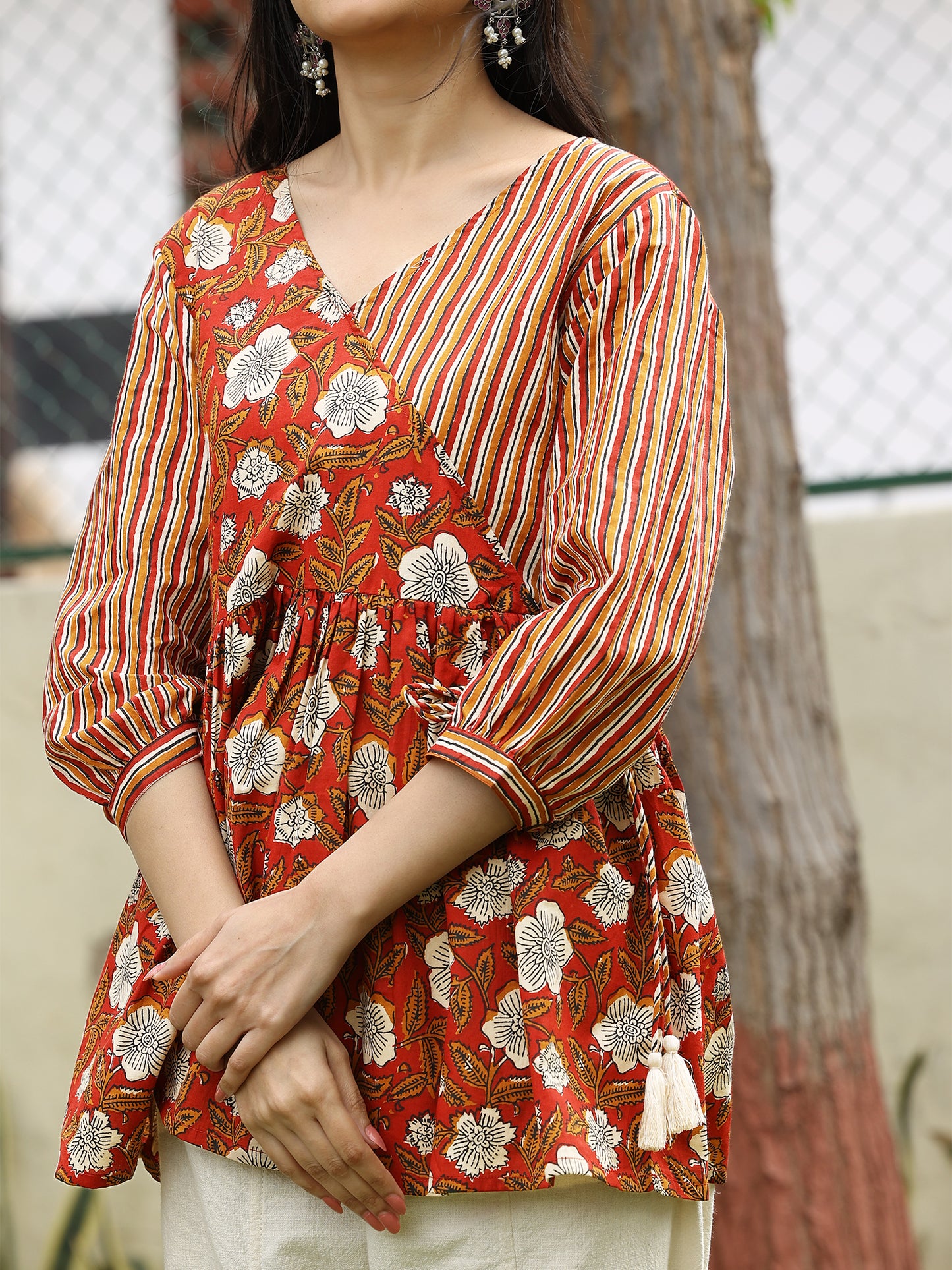 Red Striped Handblocked Bagru Printed Cotton Angrakha Top