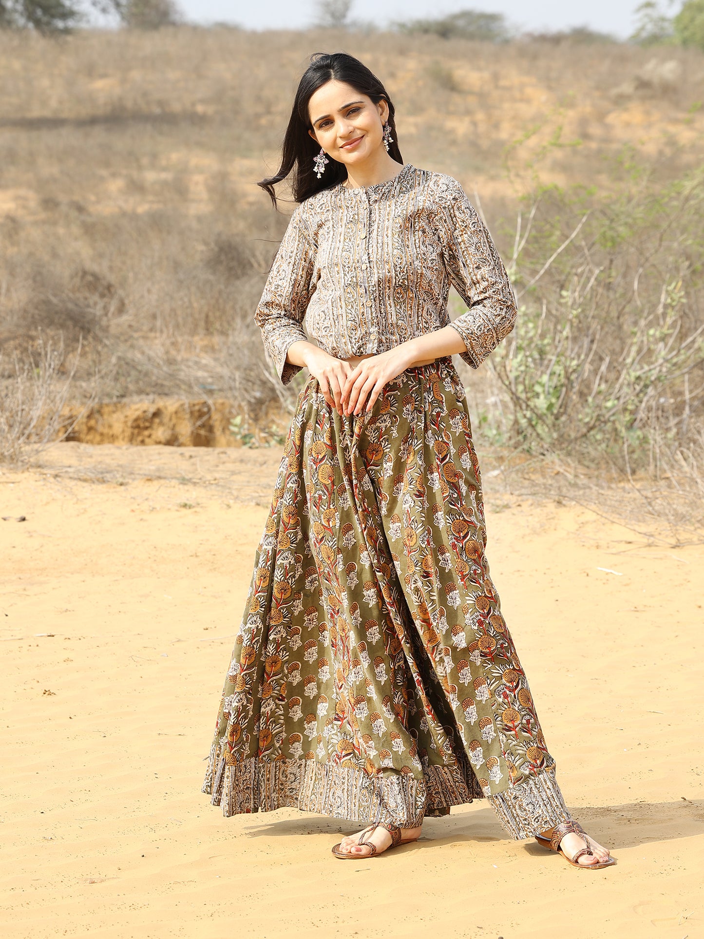 Green Kalamkari Print Cotton Skirt and Top Set