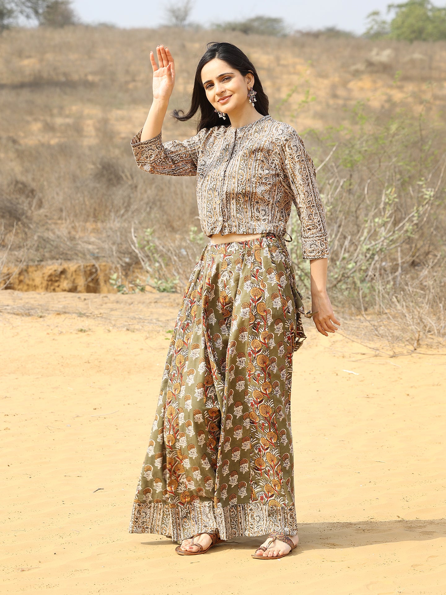 Green Kalamkari Print Cotton Skirt and Top Set