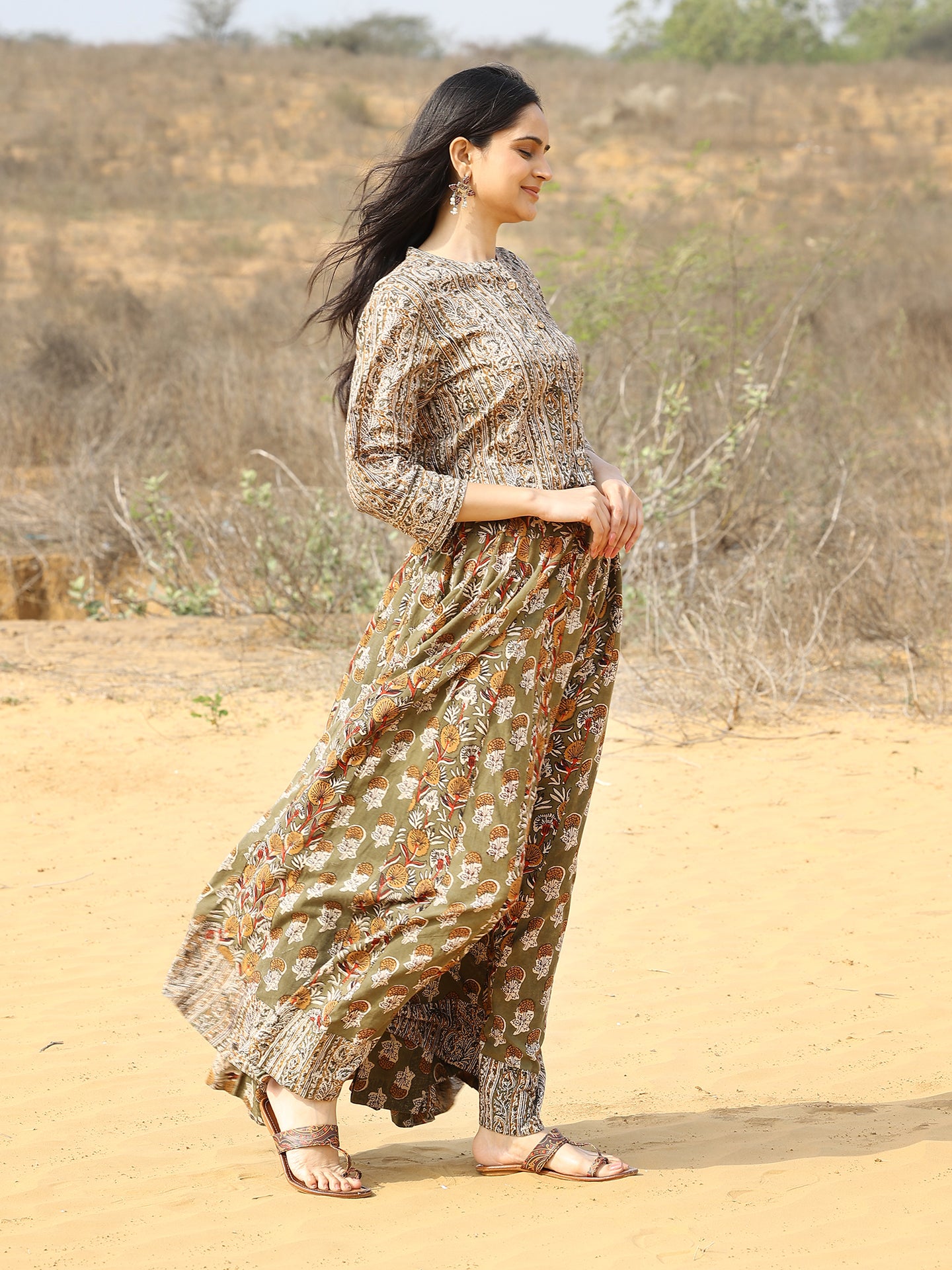 Green Kalamkari Print Cotton Skirt and Top Set