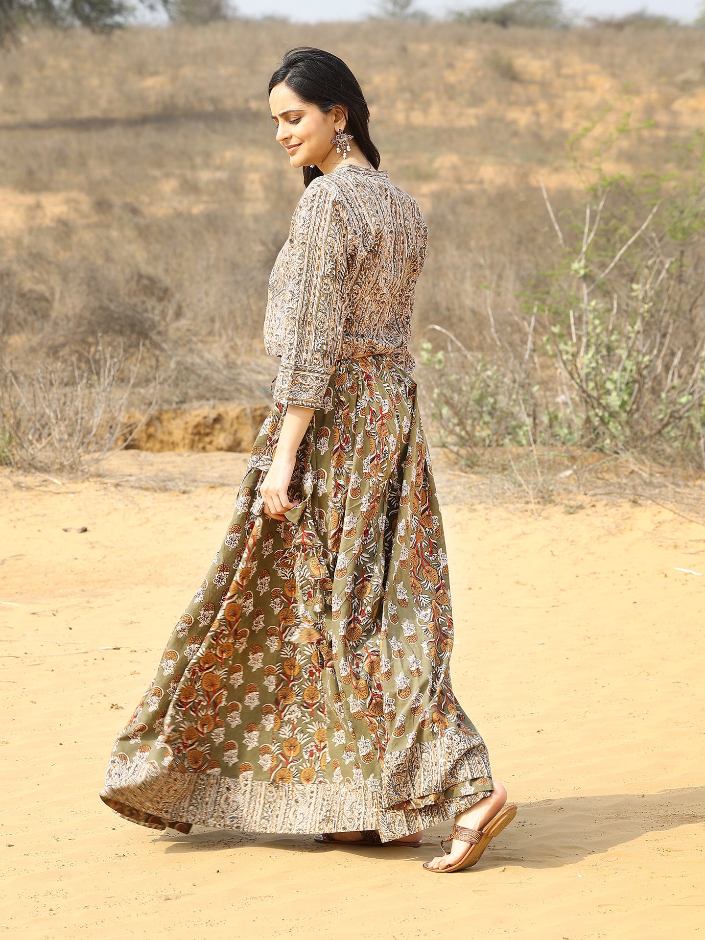 Green Kalamkari Print Cotton Skirt and Top Set