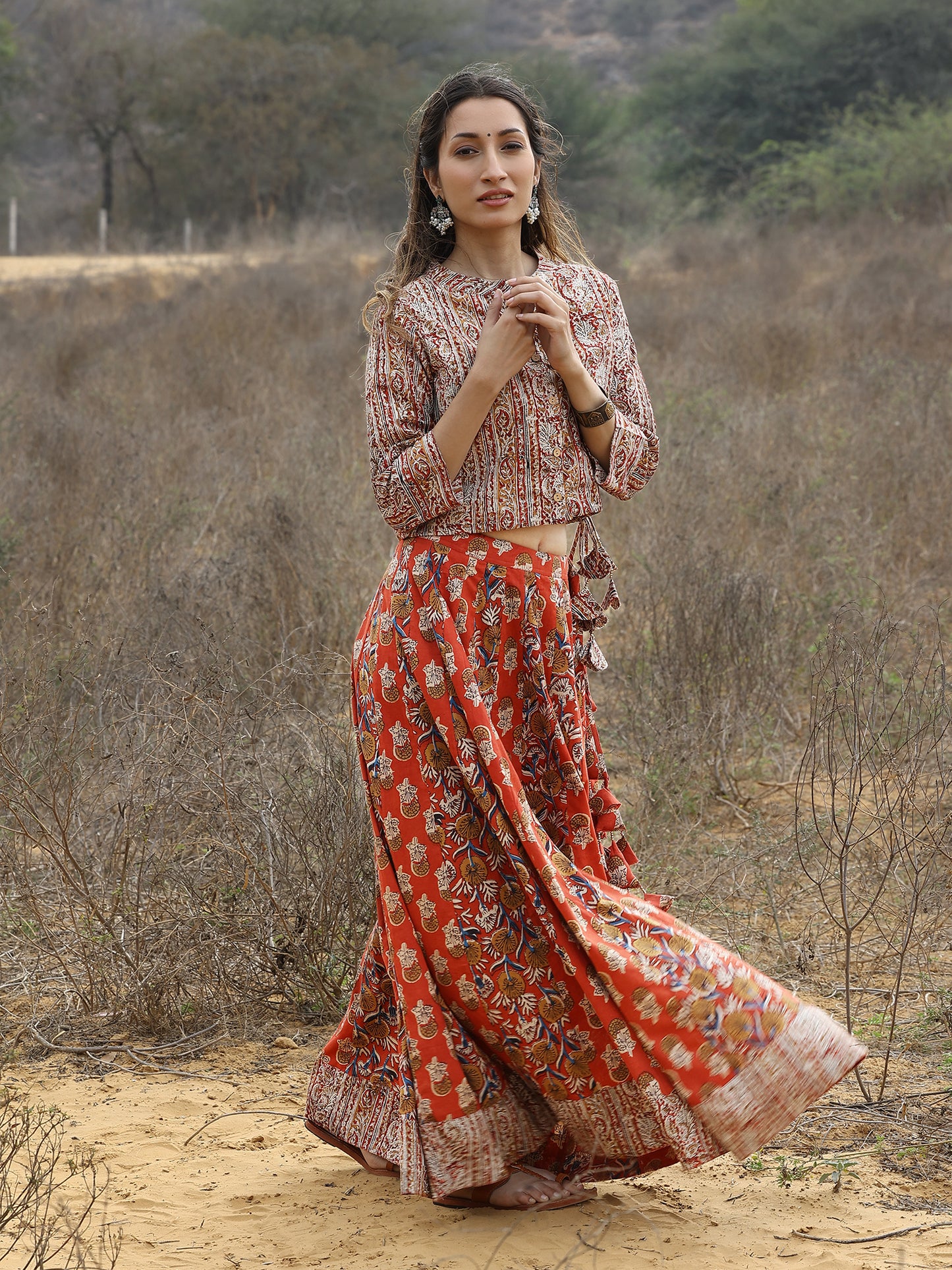 Red Kalamkari Print Cotton Skirt and Top Set