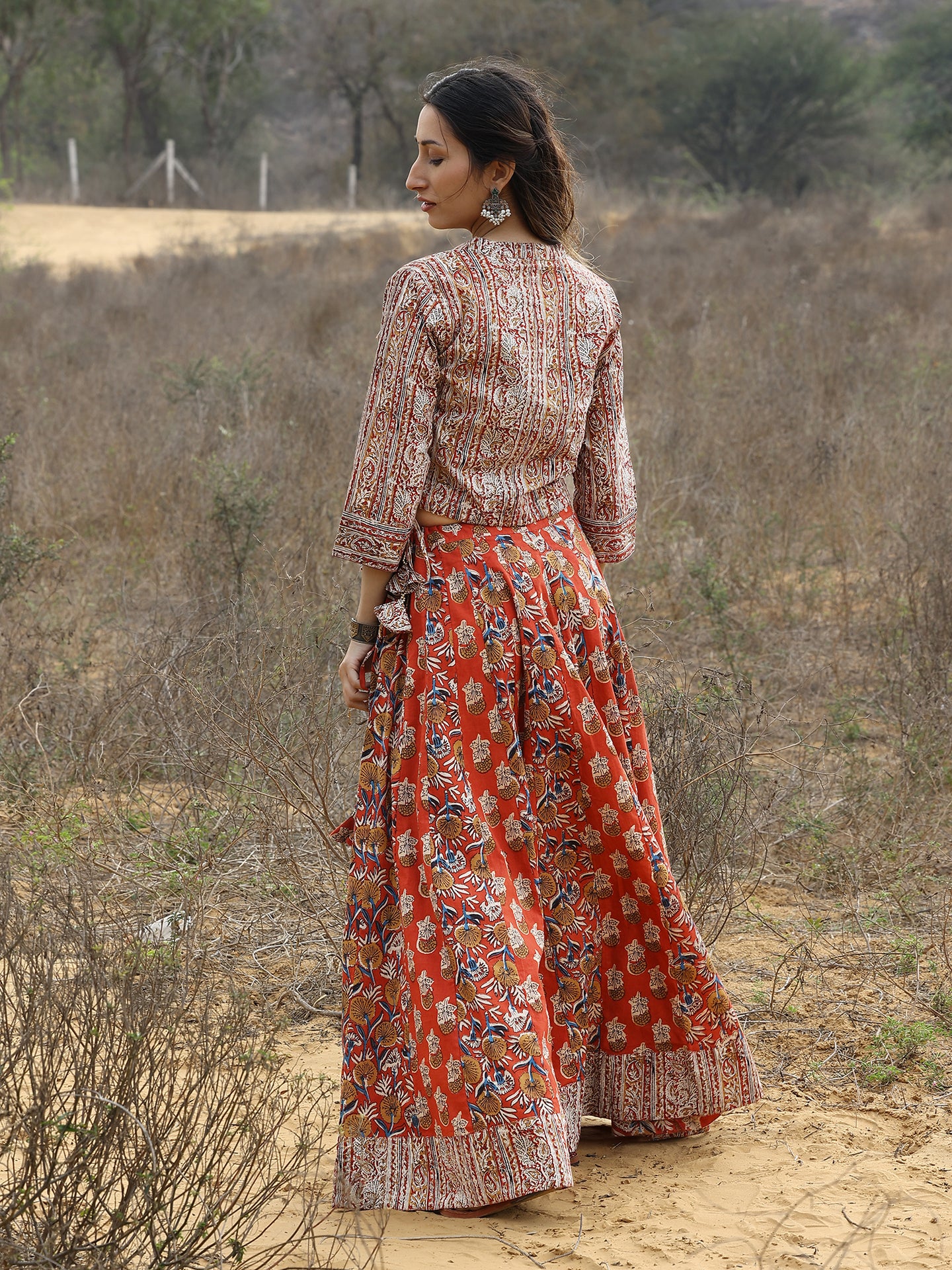 Red Kalamkari Print Cotton Skirt and Top Set