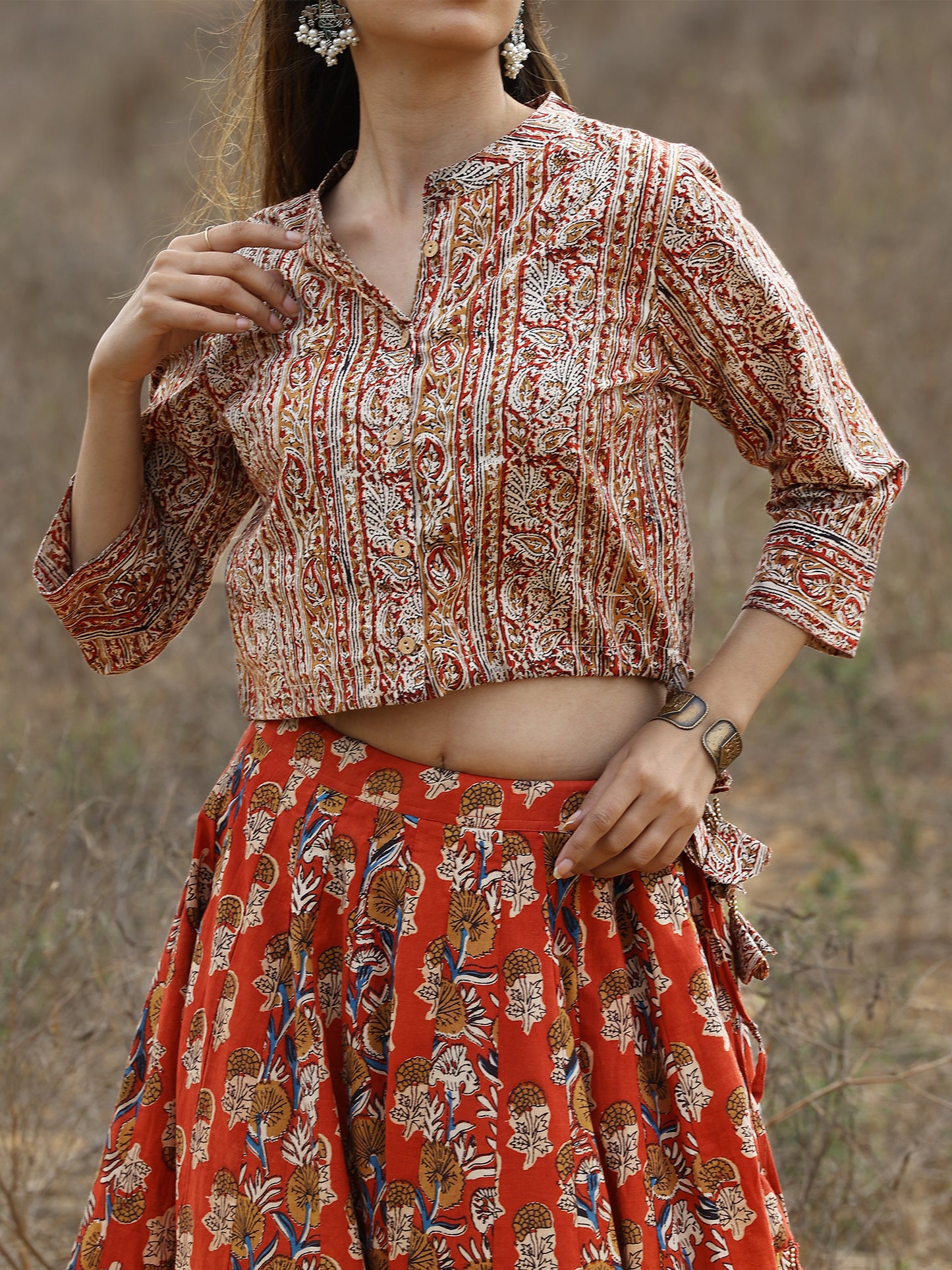 Red Kalamkari Print Cotton Skirt and Top Set