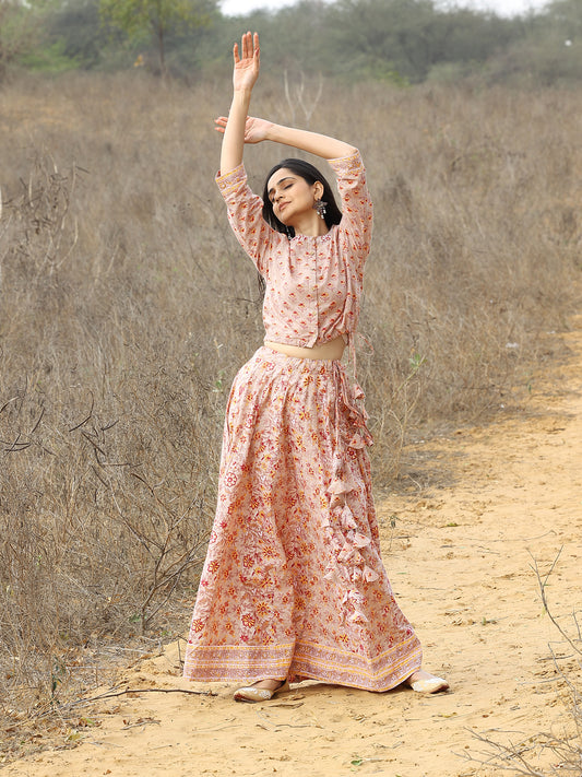 Beige Hand Block Print Cotton Skirt and Top Set