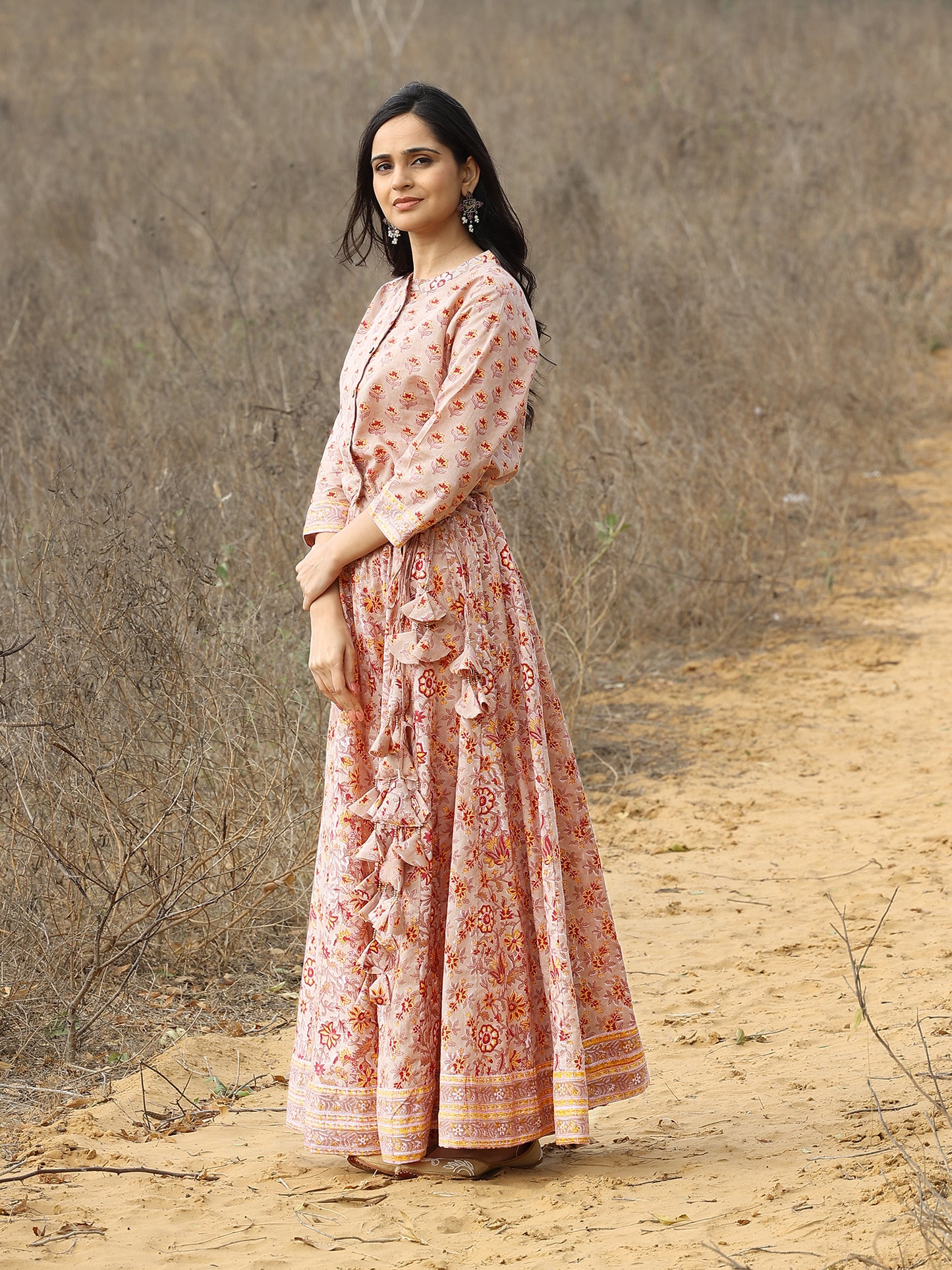 Beige Hand Block Print Cotton Skirt and Top Set