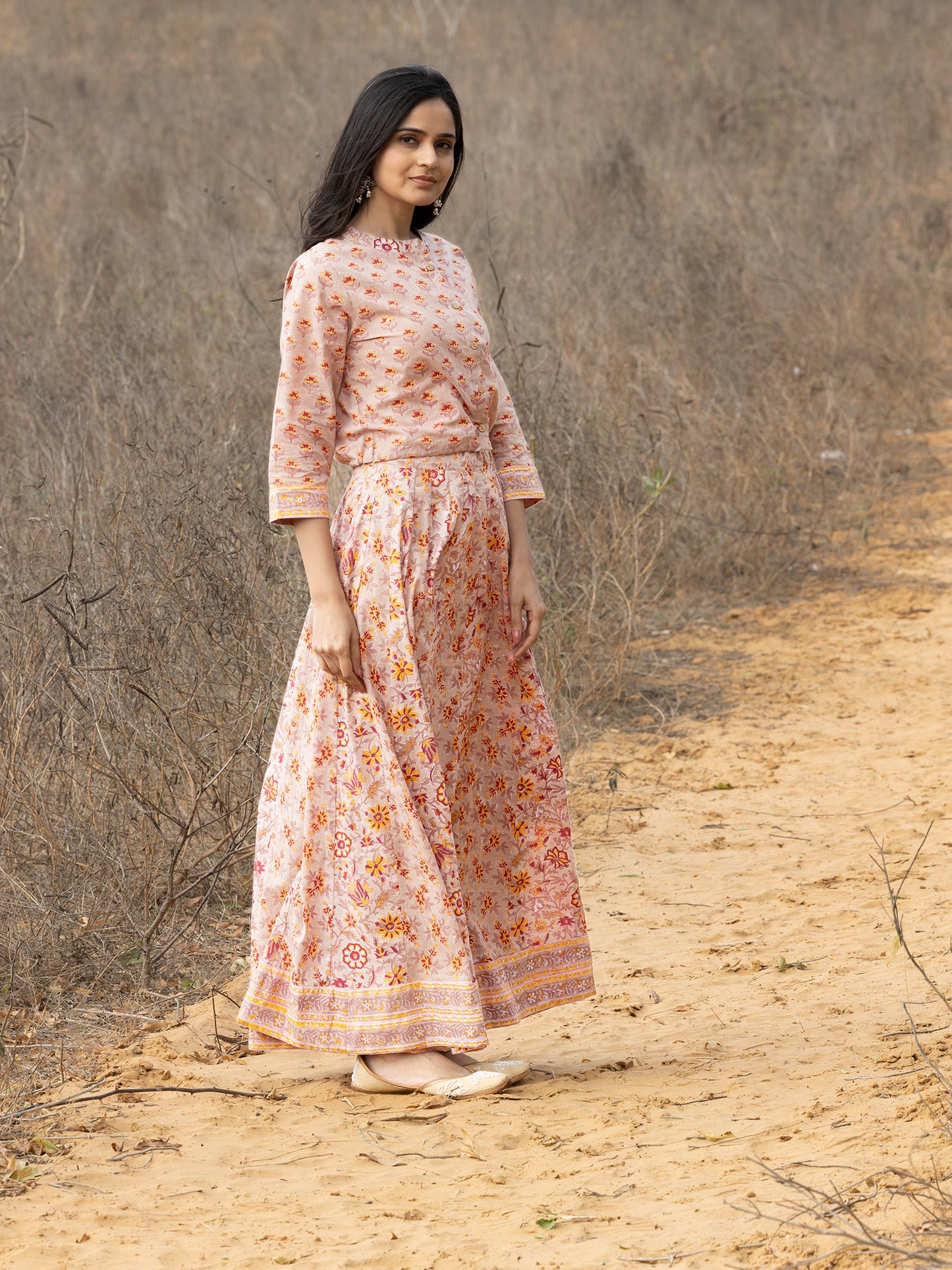 Beige Hand Block Print Cotton Skirt and Top Set