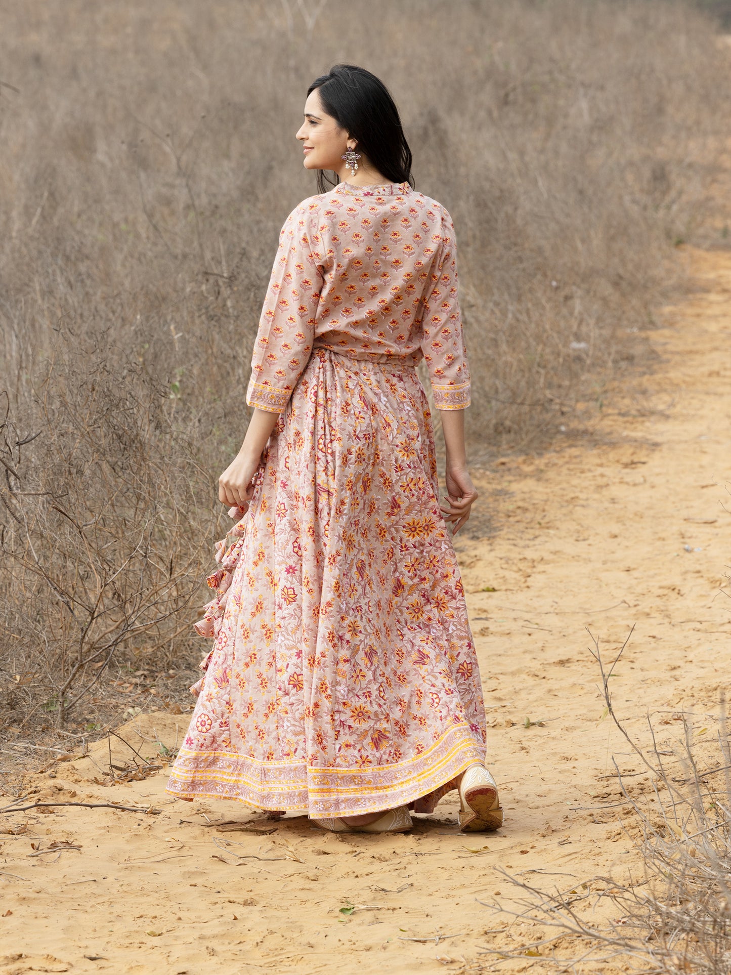 Beige Hand Block Print Cotton Skirt and Top Set