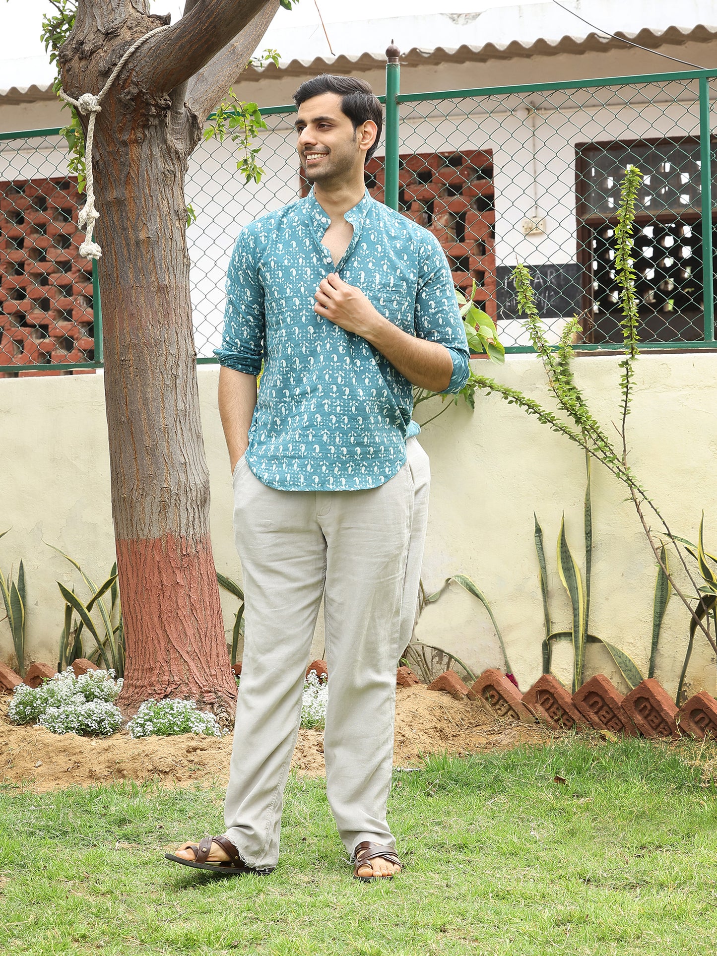 Handblock Printed Mens Cotton Short Kurta Style Shirt  (Blue)