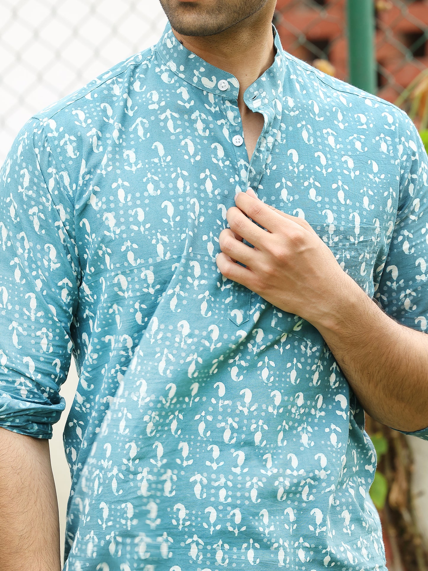 Handblock Printed Mens Cotton Short Kurta Style Shirt  (Blue)