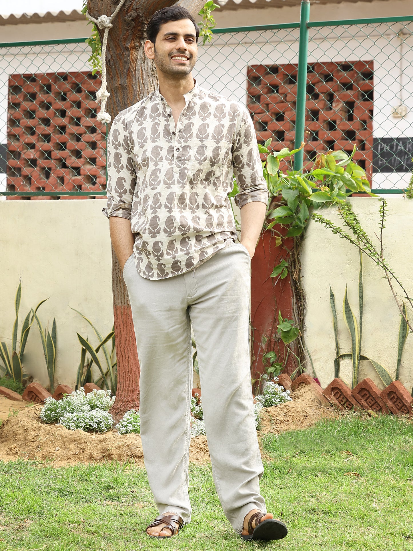 Handblocked Printed Mens Cotton Short Kurta Style Shirt  (Baige)