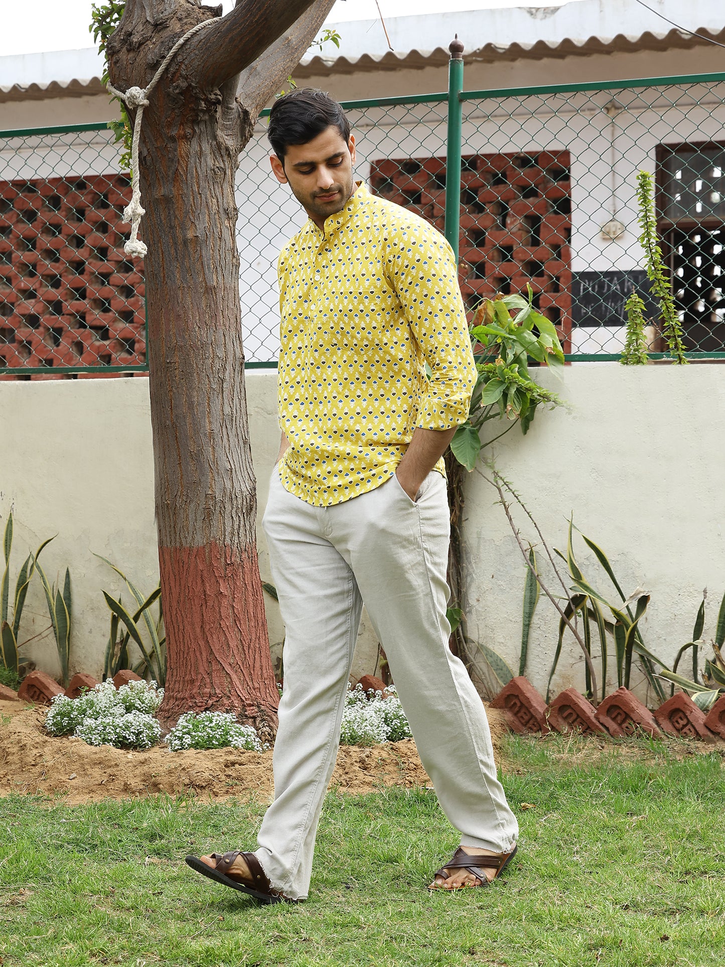 Handblock Printed Mens Cotton Short Kurta Style Shirt  (Yellow)