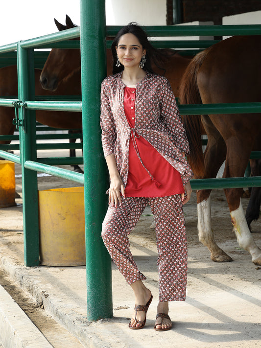 Handblocked Printed Women Cotton Jacket Top Pant Set (Red)