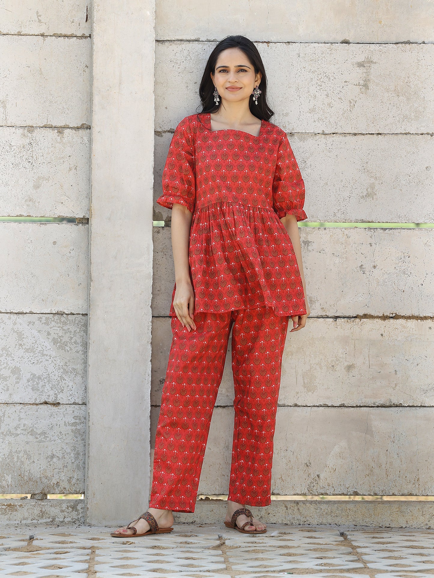 Red Handblocked Bagru Printed CO-ORD Set with Elastic Sleeves