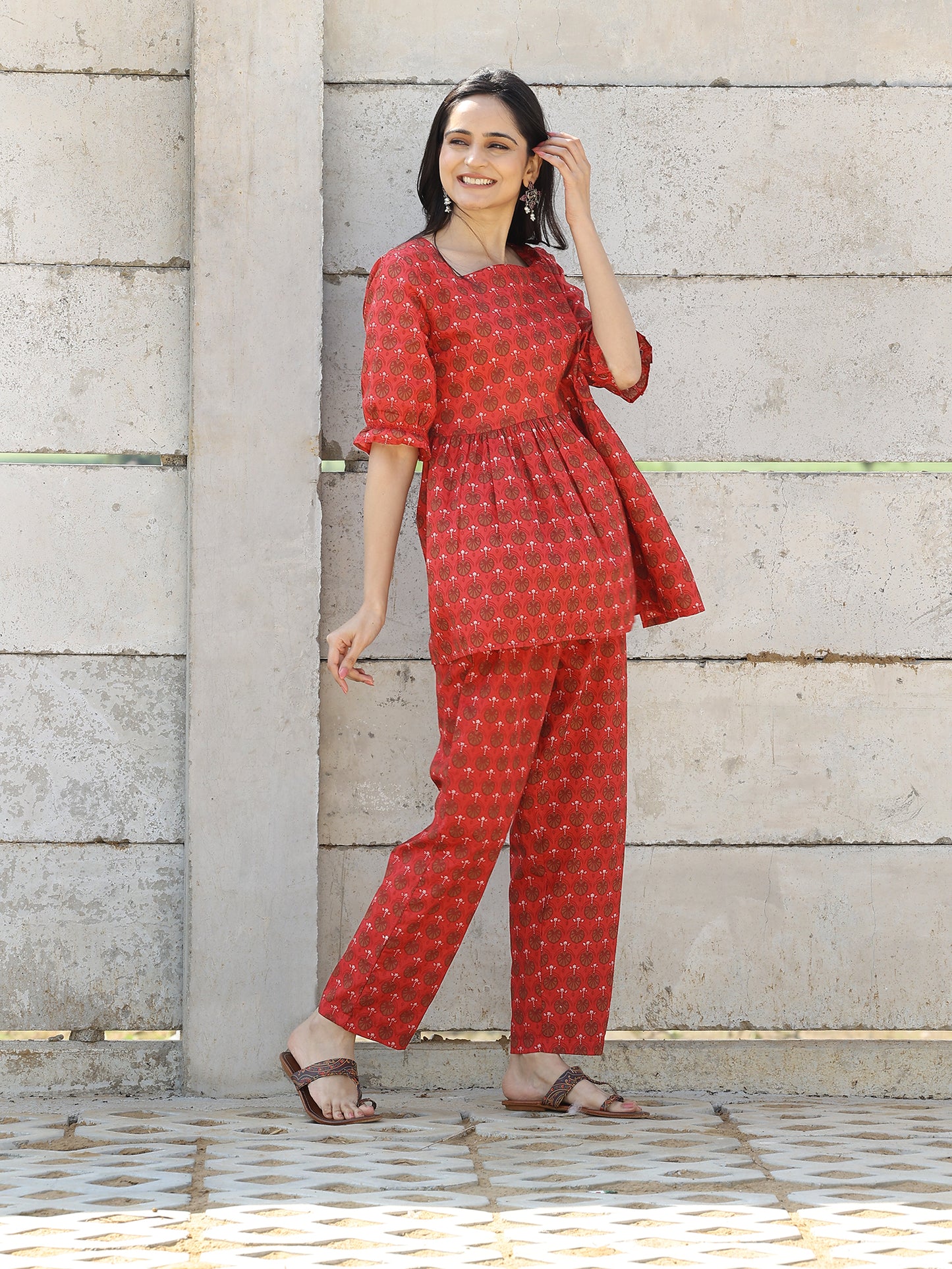 Red Handblocked Bagru Printed CO-ORD Set with Elastic Sleeves