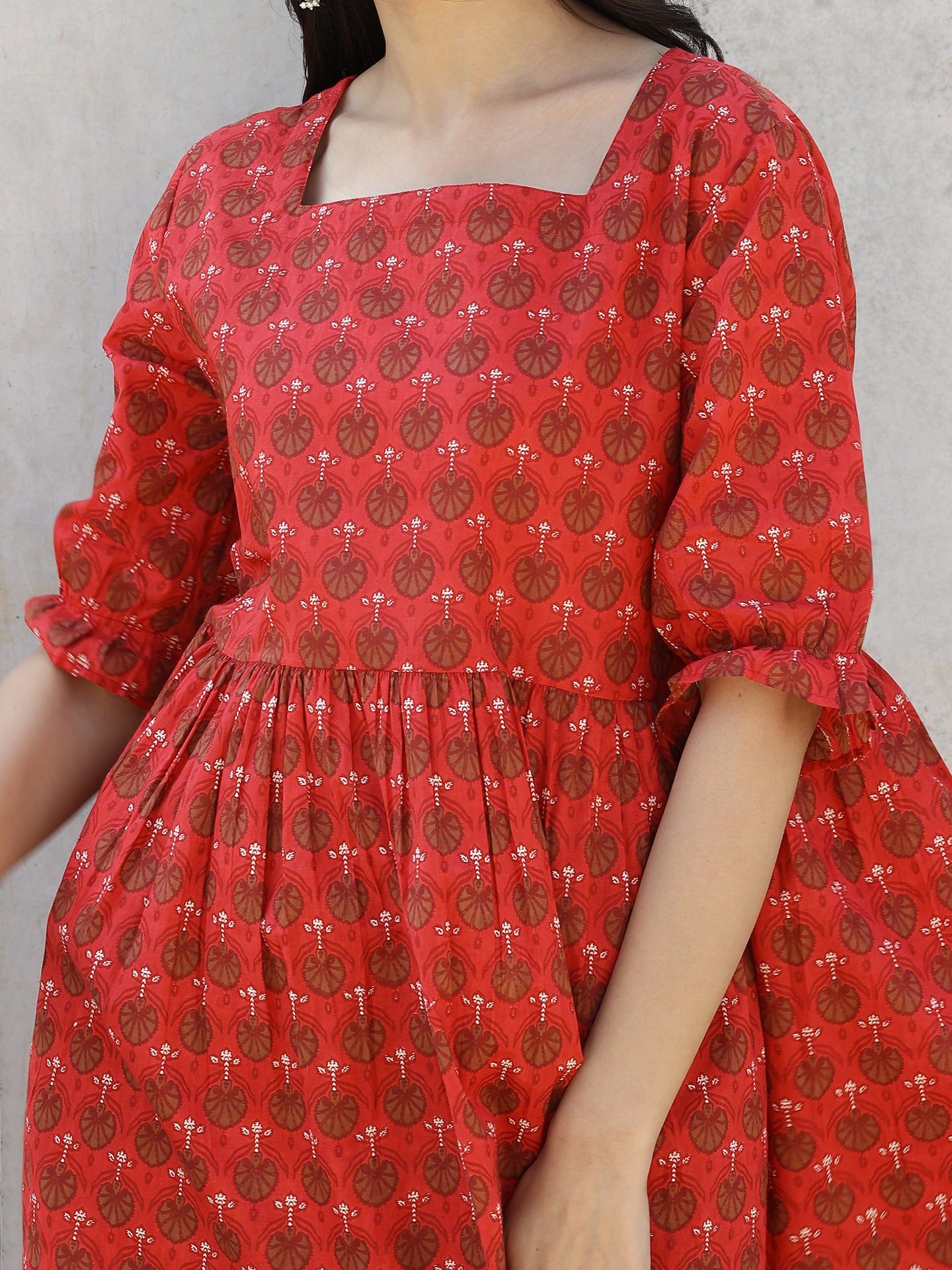 Red Cotton Hand Block Bagru Printed CO-ORD Set with Elastic Sleeves