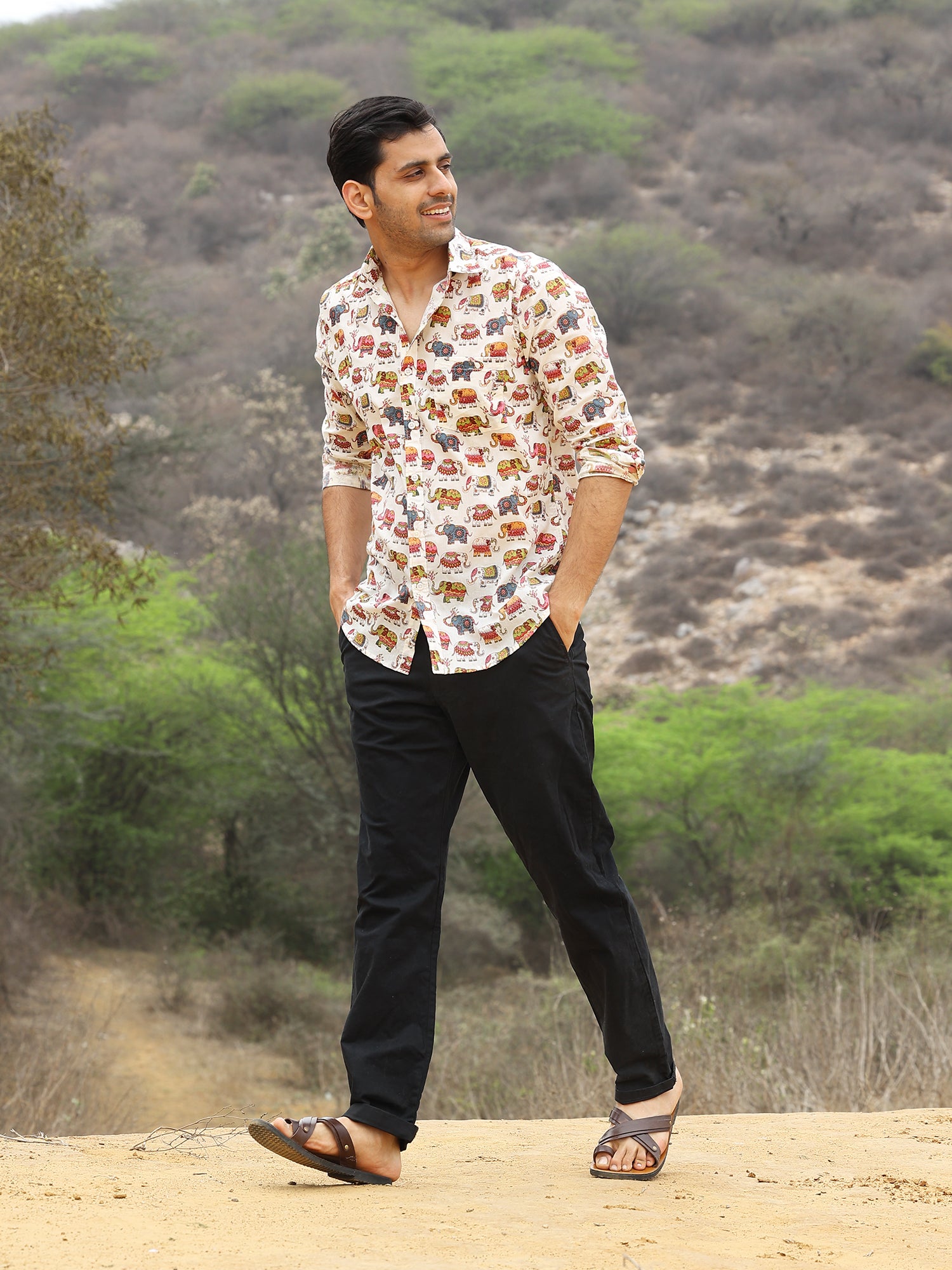 Full Sleeve Hand Block Elephant Printed Mens Cotton Shirt (White)