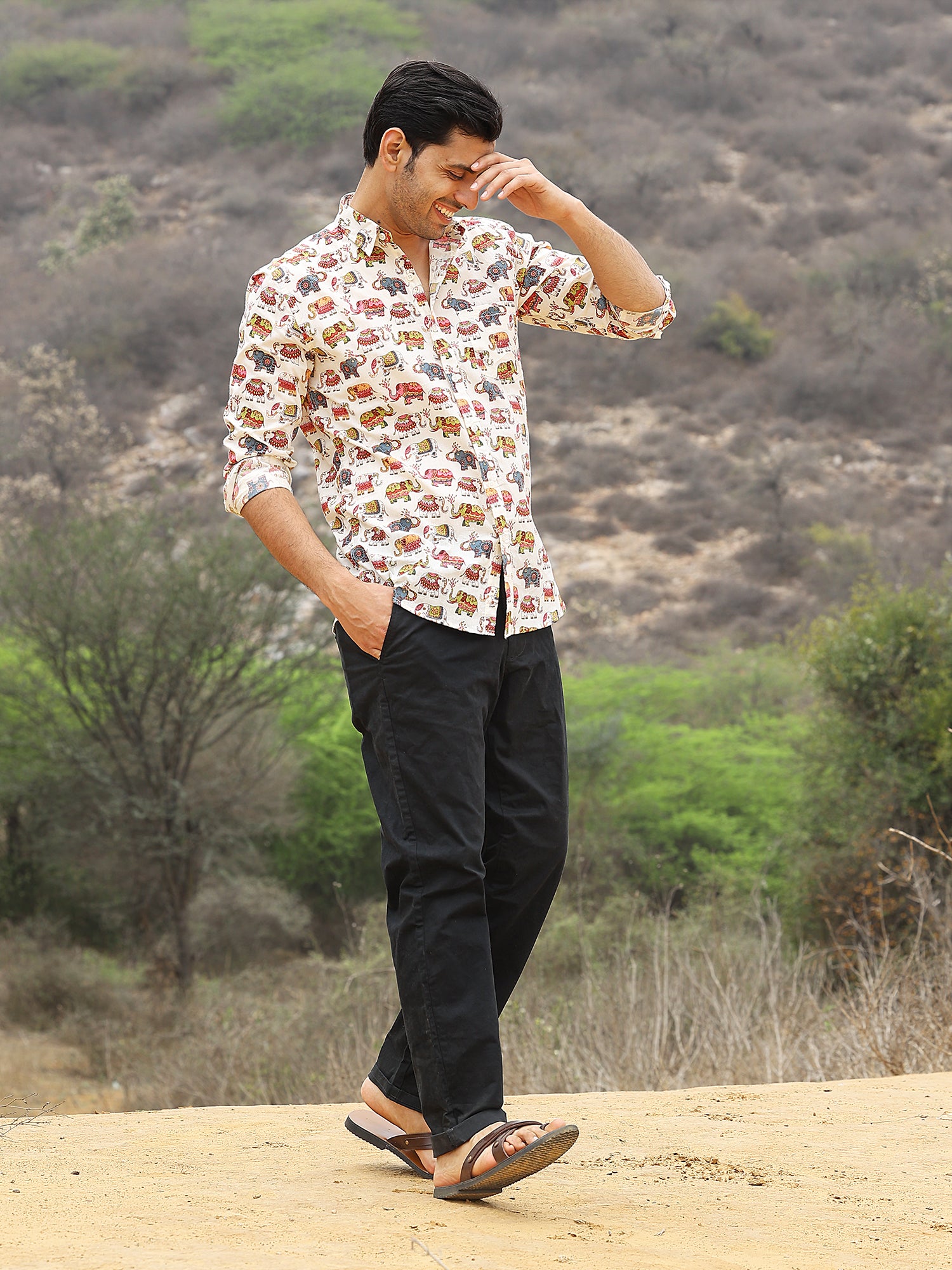 Full Sleeve Hand Block Elephant Printed Mens Cotton Shirt (White)