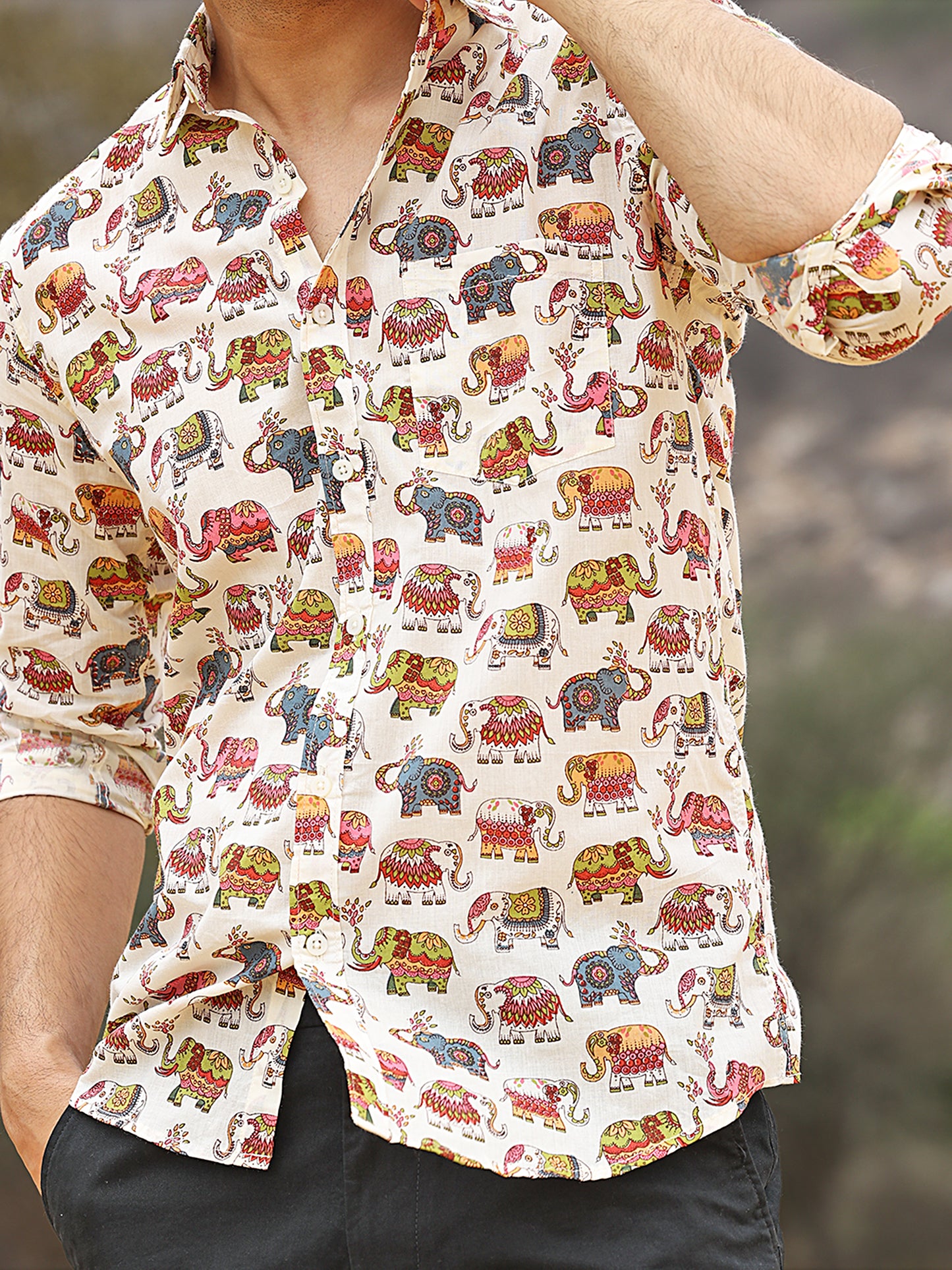 Full Sleeve Handblocked Elephant Printed Mens Cotton Shirt (White)