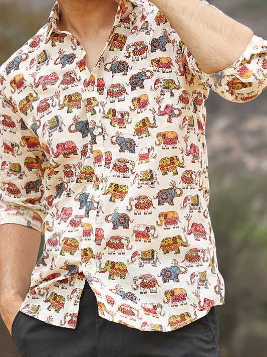 Full Sleeve Hand Block Elephant Printed Mens Cotton Shirt (White)