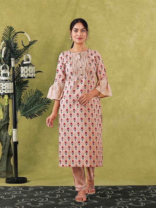 Peach Floral Printed Flared Sleeve Women Kurta Set with Embroidery at Yoke