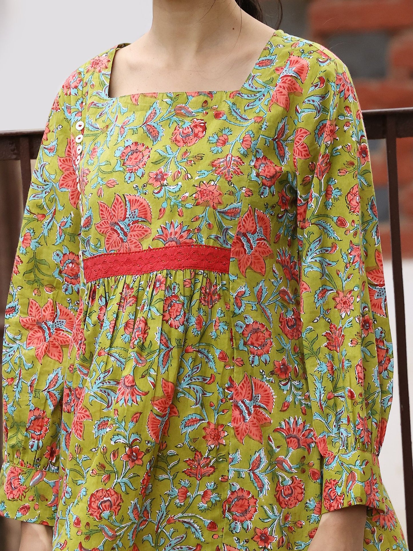 Light Green Cotton Handblocked Bagru Printed Top