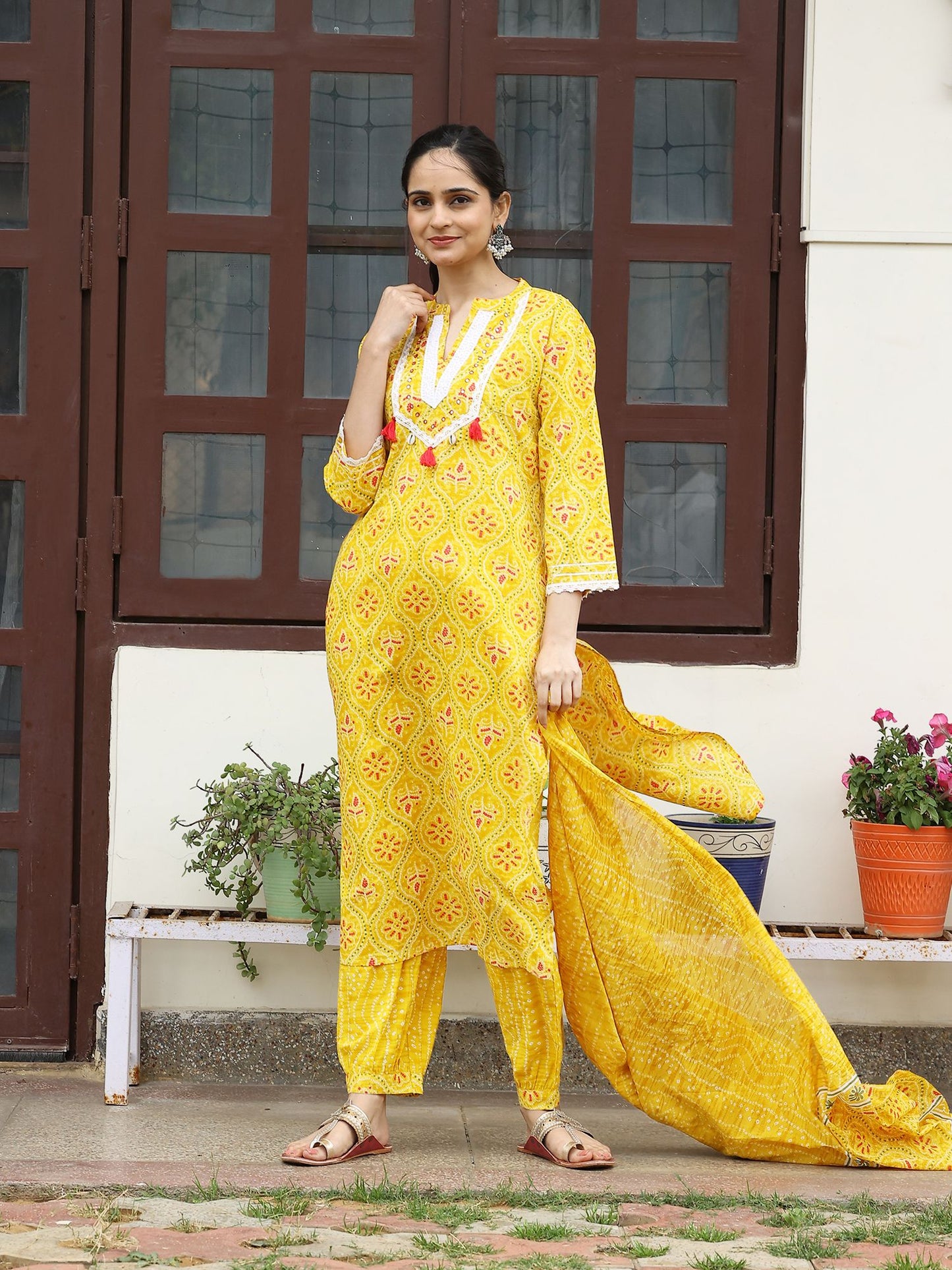 Yellow Cotton Kurta Set with Afghani Pant