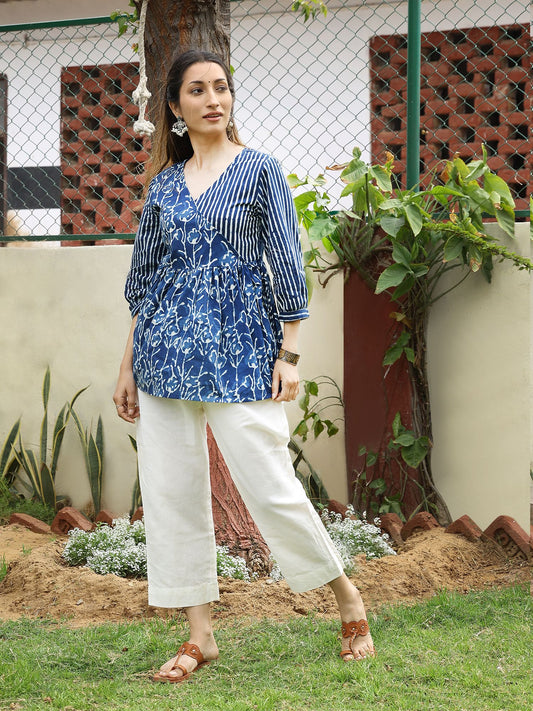 Blue Striped Handblocked Bagru Printed Cotton Angrakha Top