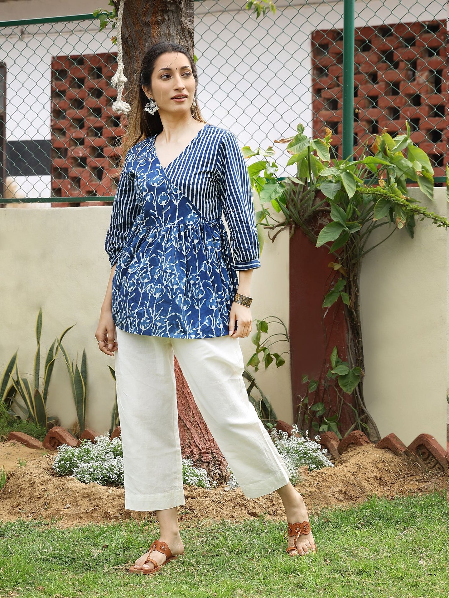 Blue Striped Hand Block Bagru Printed Cotton Angrakha Top