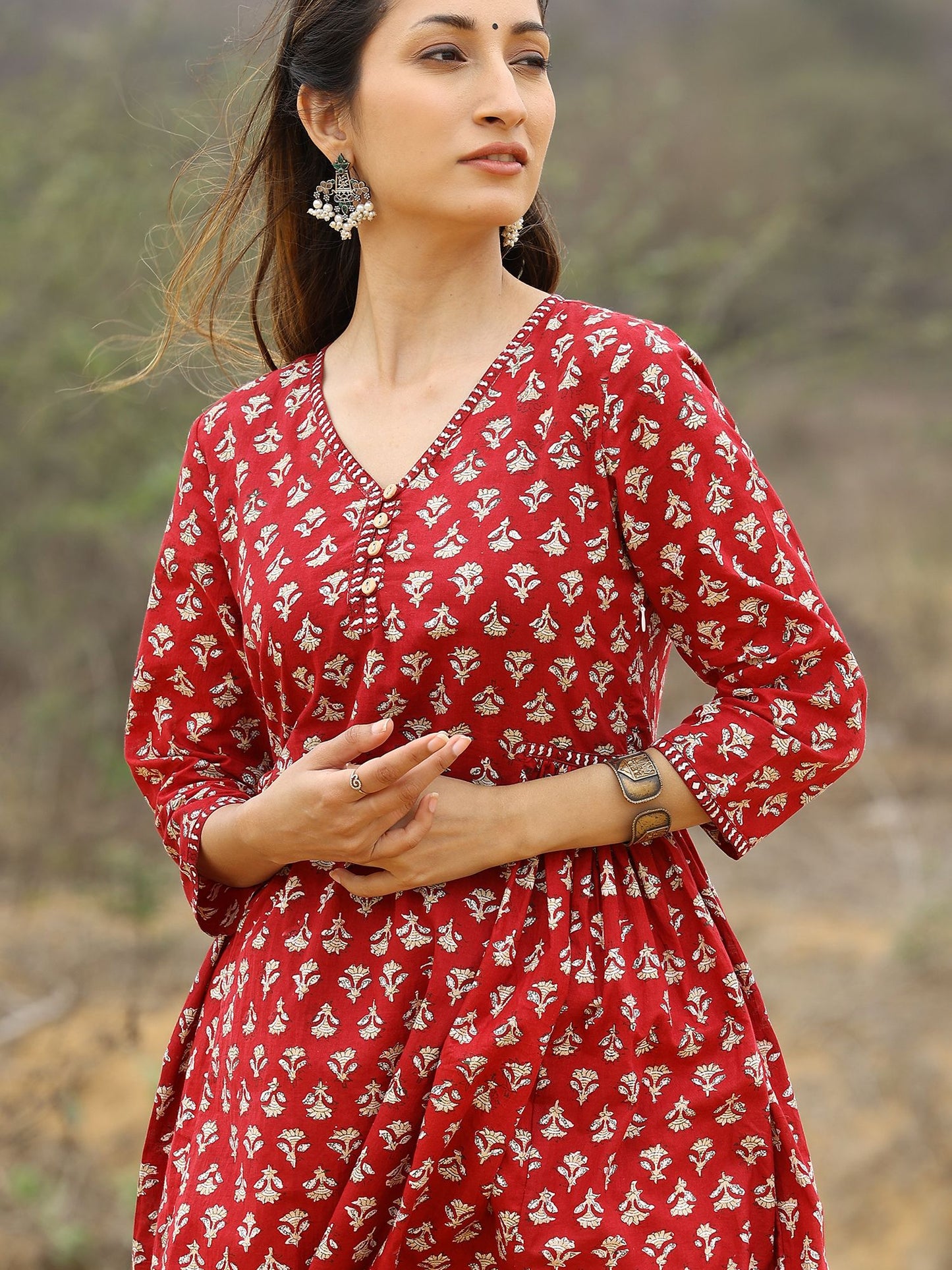 Red Handblocked Bagru Print Anarkali Kurta