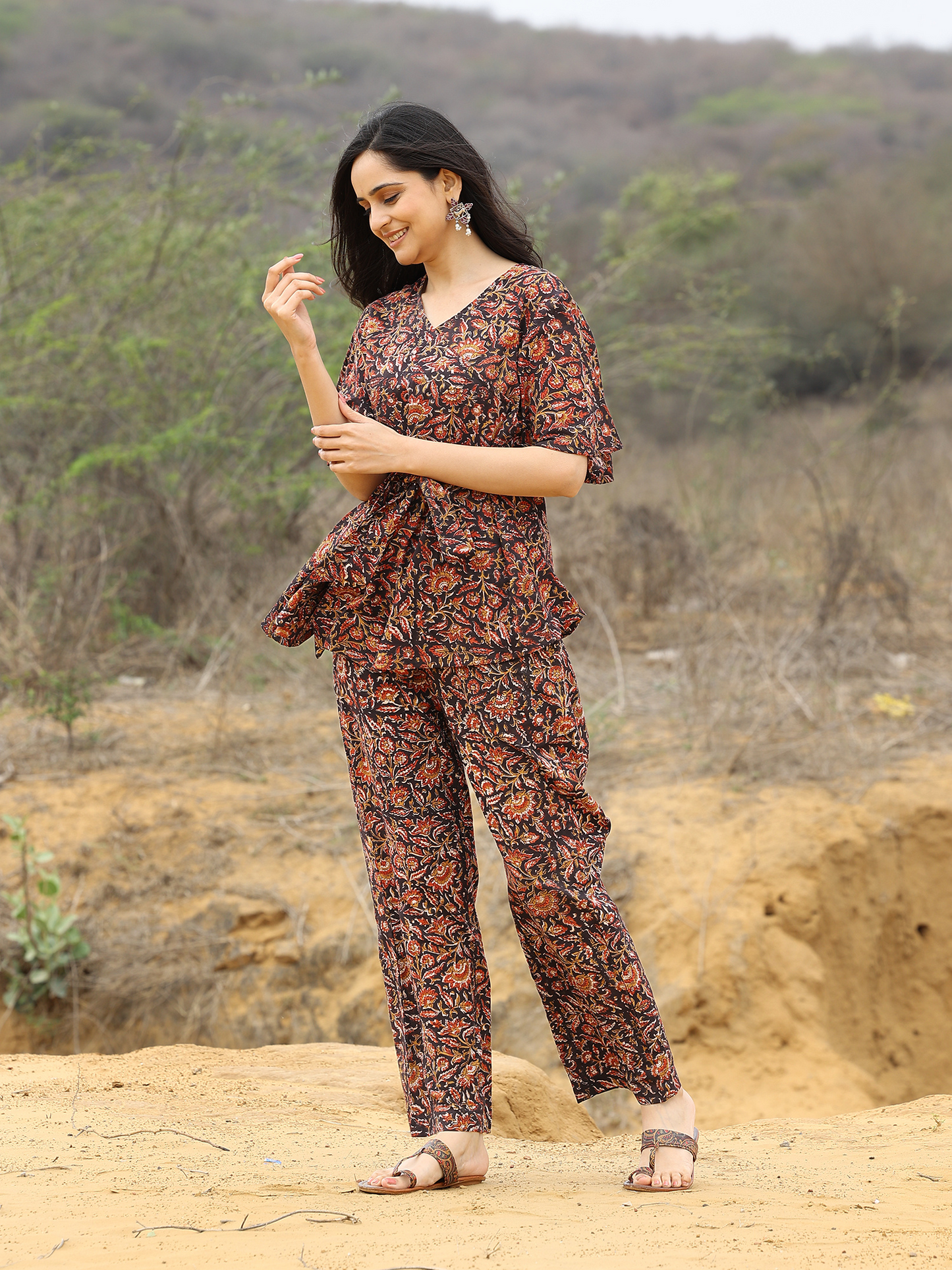 Black Kalamkari Printed Frilled Sleeve Cotton Co-ord Set