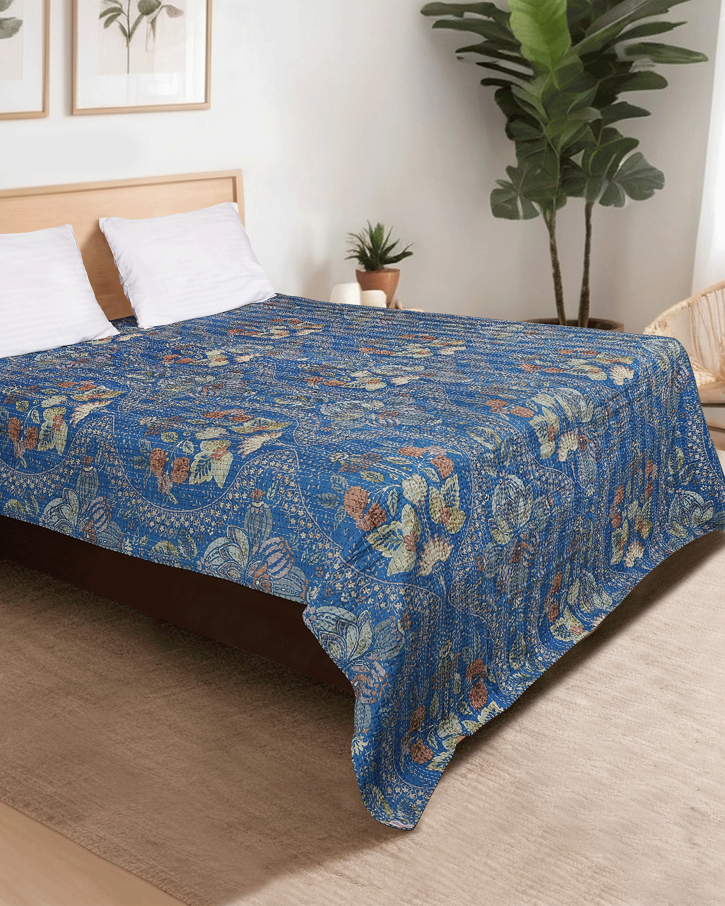 Hand Block Printed Hand Kantha Double Bed Dohar/Bed Cover in Blue