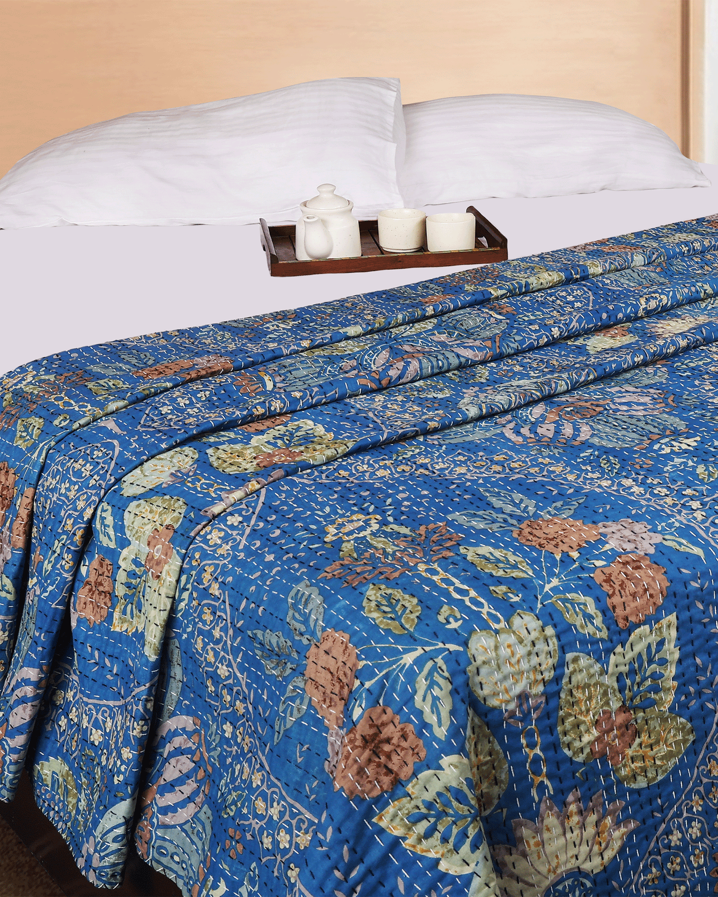 Hand Block Printed Hand Kantha Double Bed Dohar/Bed Cover in Blue