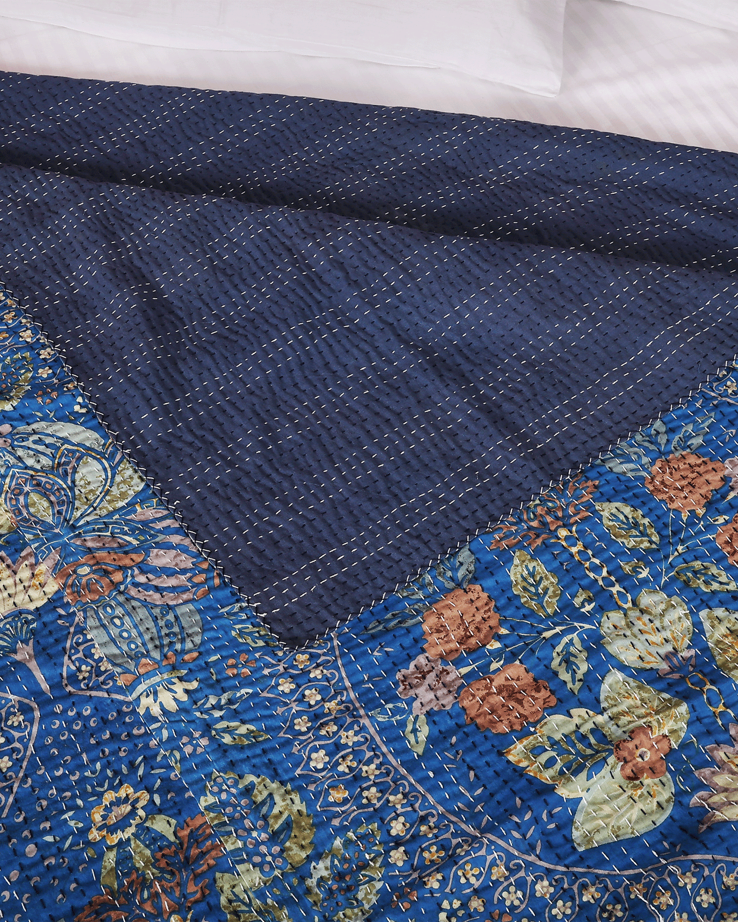 Hand Block Printed Hand Kantha Double Bed Dohar/Bed Cover in Blue