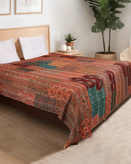 Orange Hand Block Patchwork Printed Hand Kantha Double Bed Dohar/Bed Cover