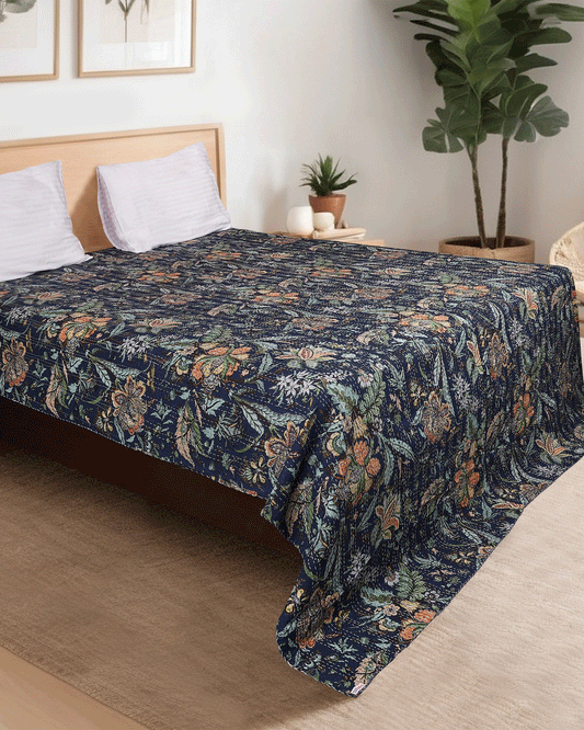 Navy Blue Hand Block Printed Hand Kantha Double Bed Dohar/Bed Cover